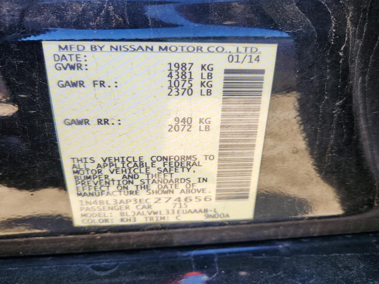 2014 Nissan Altima 3.5 Sl Black vin: 1N4BL3AP3EC274656