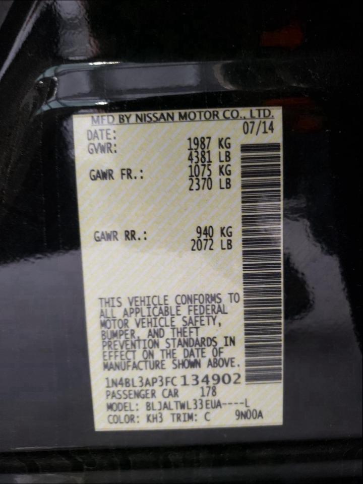 2015 Nissan Altima 3.5 Sl Black vin: 1N4BL3AP3FC134902