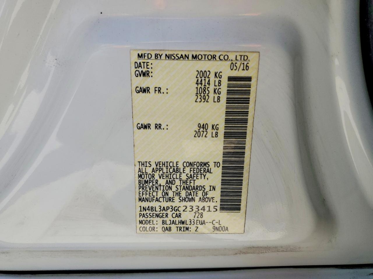 2016 Nissan Altima 3.5 Sr White vin: 1N4BL3AP3GC233415