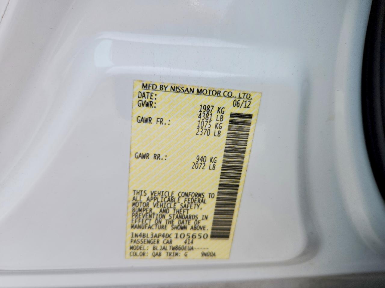 2013 Nissan Altima 3.5 S White vin: 1N4BL3AP4DC105650
