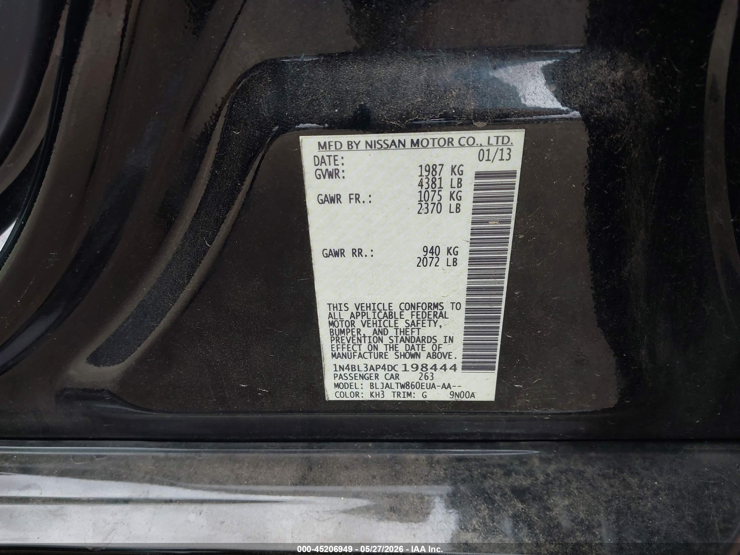 2013 Nissan Altima 3.5 Sv Черный vin: 1N4BL3AP4DC198444
