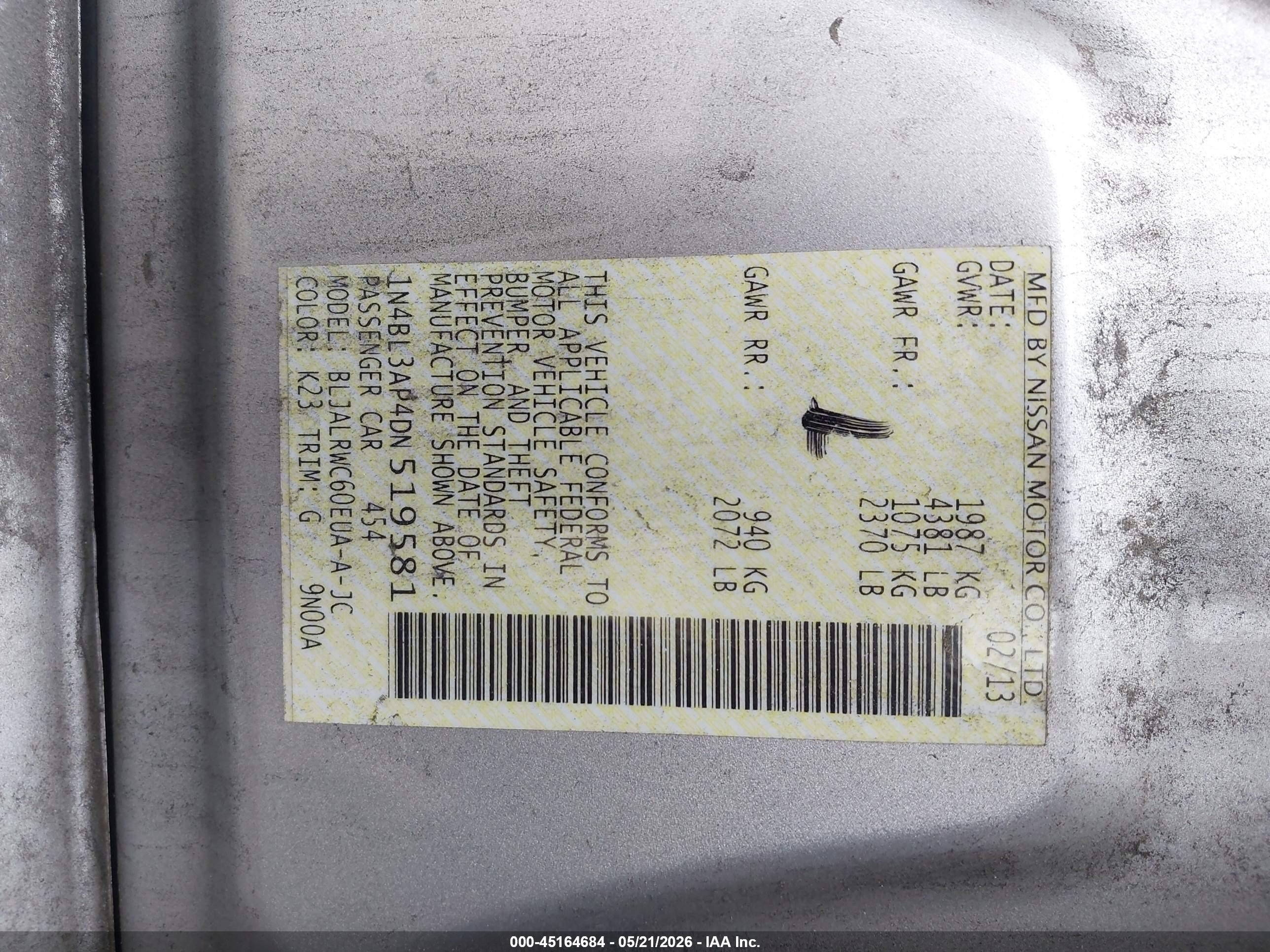 2013 Nissan Altima 3.5 S Silver vin: 1N4BL3AP4DN519581