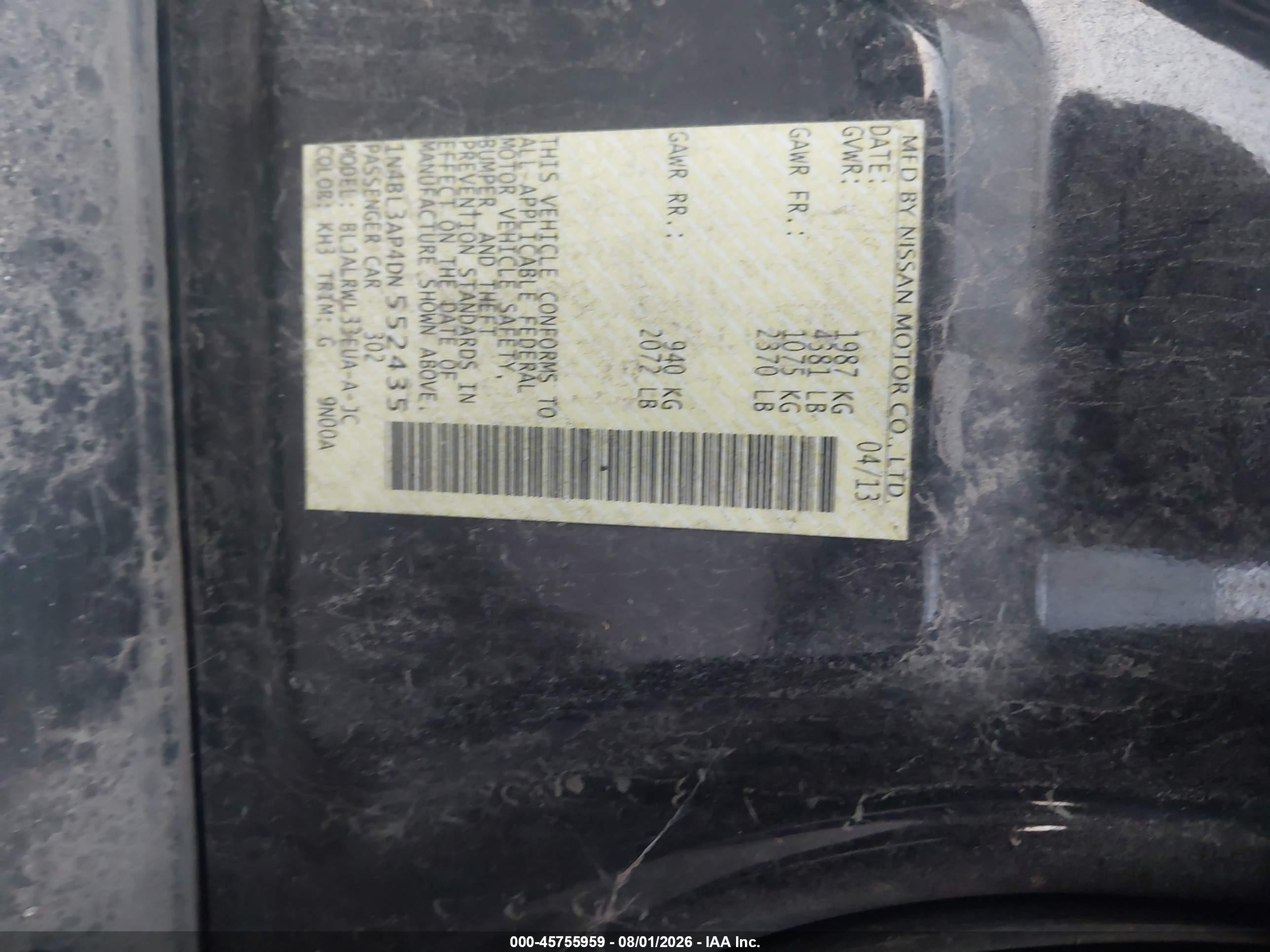 2013 Nissan Altima 3.5 S Black vin: 1N4BL3AP4DN552435