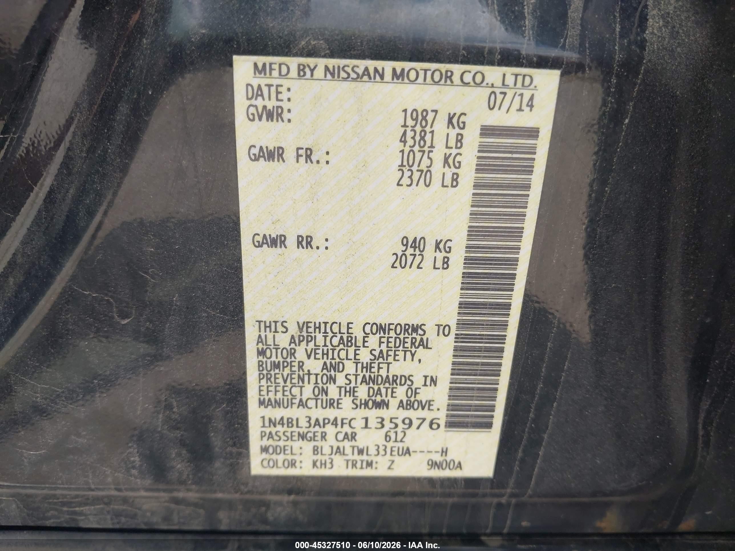 2015 Nissan Altima 3.5 Sl Black vin: 1N4BL3AP4FC135976