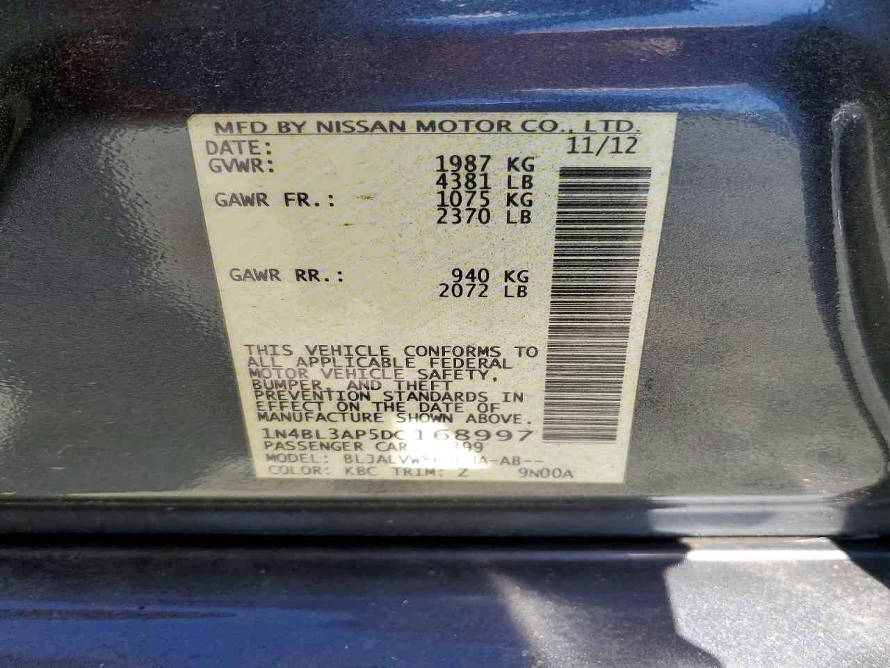 2013 Nissan Altima 3.5 S Charcoal vin: 1N4BL3AP5DC168997