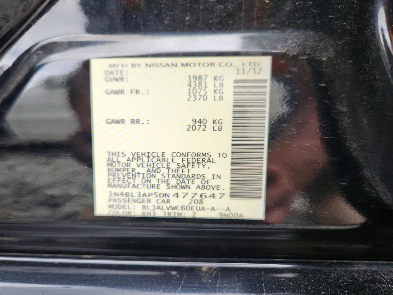 2013 Nissan Altima 3.5 S Black vin: 1N4BL3AP5DN477647