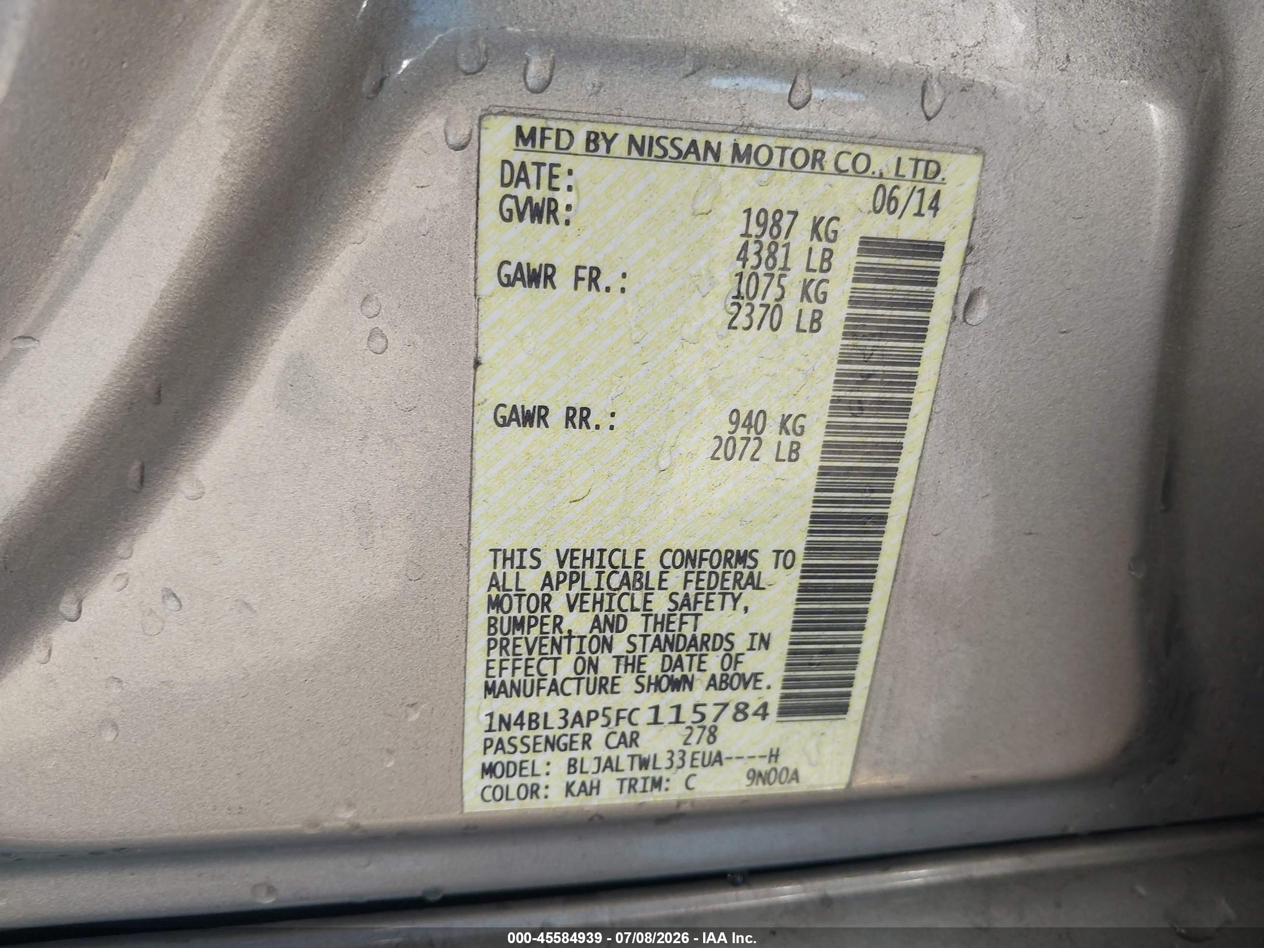 2015 Nissan Altima 3.5 Sl Gold vin: 1N4BL3AP5FC115784