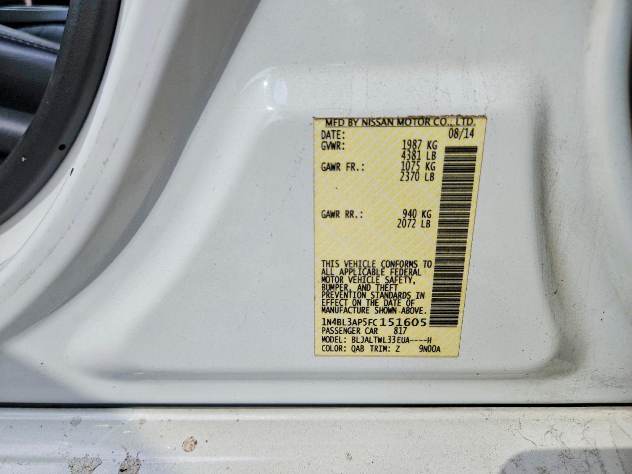 2015 Nissan Altima 3.5 Sl White vin: 1N4BL3AP5FC151605