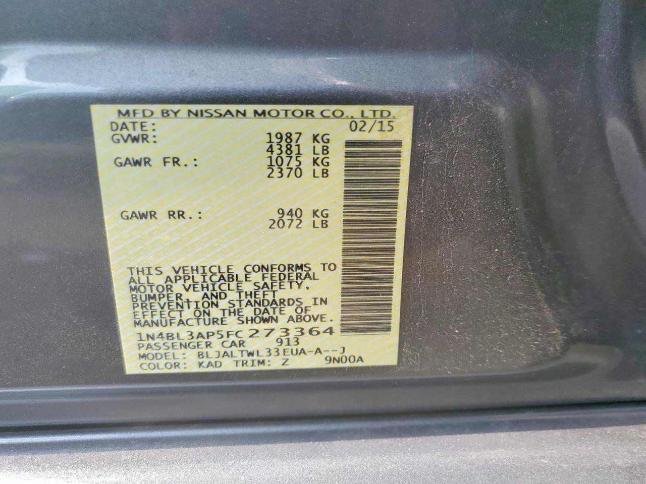 2015 Nissan Altima 3.5 Sl Gray vin: 1N4BL3AP5FC273364