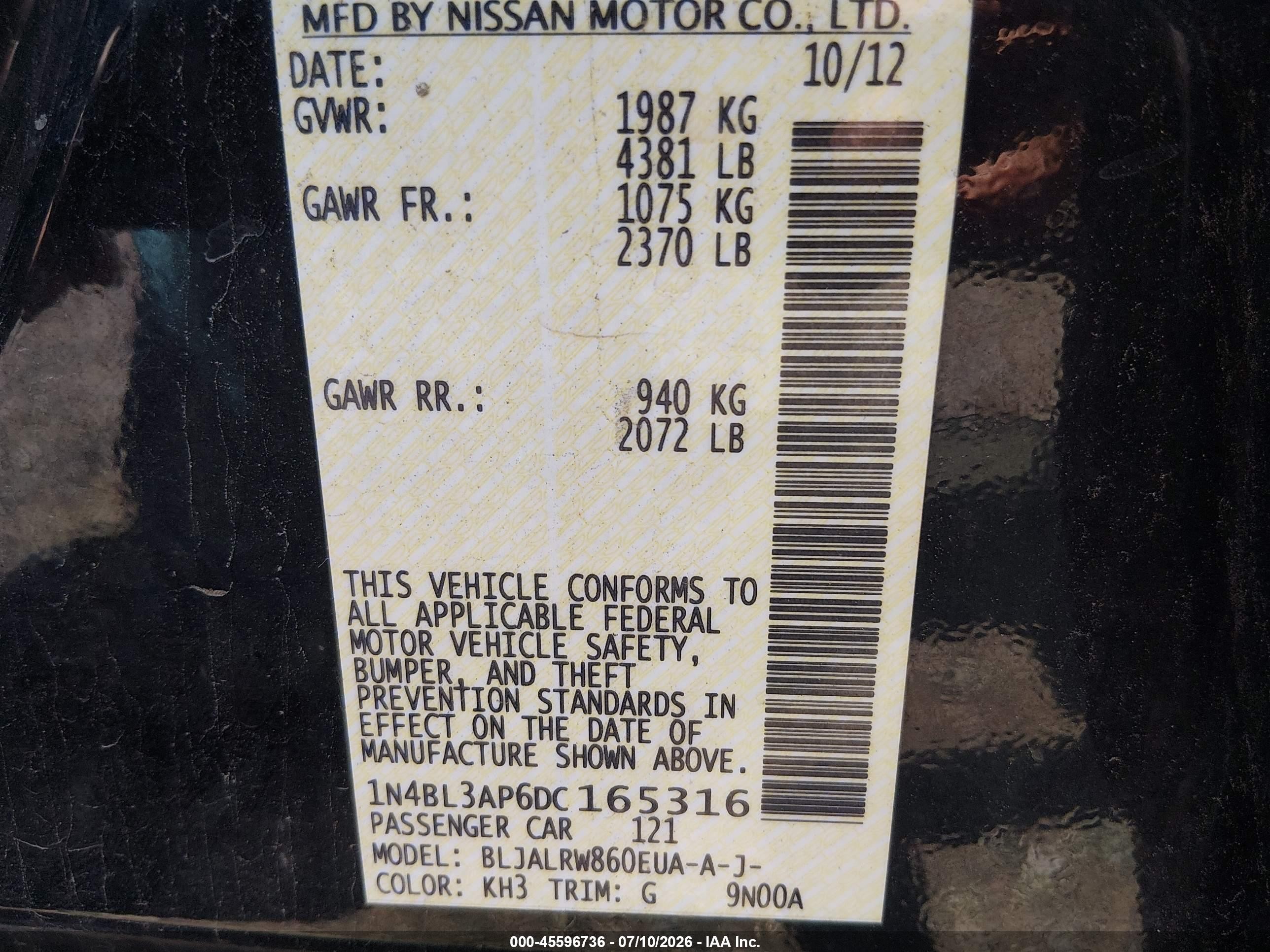 2013 Nissan Altima 3.5 S Black vin: 1N4BL3AP6DC165316