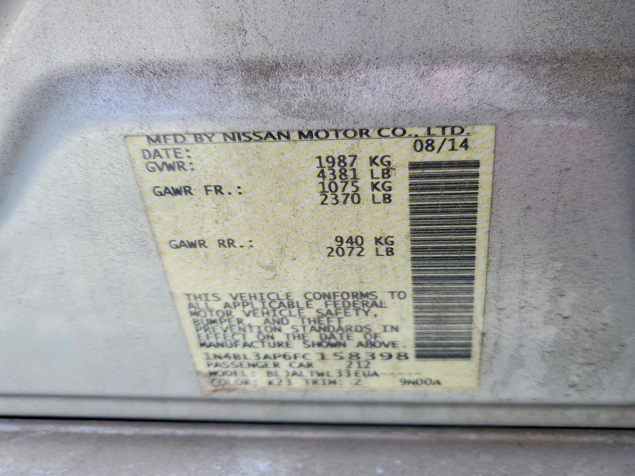 2015 Nissan Altima 3.5 Sl Серебряный vin: 1N4BL3AP6FC158398