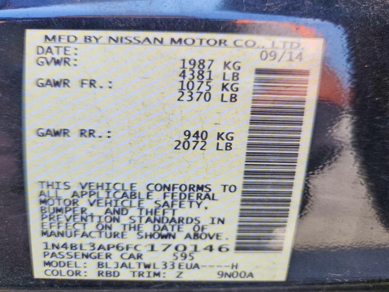 2015 Nissan Altima 3.5 Sl Charcoal vin: 1N4BL3AP6FC170146