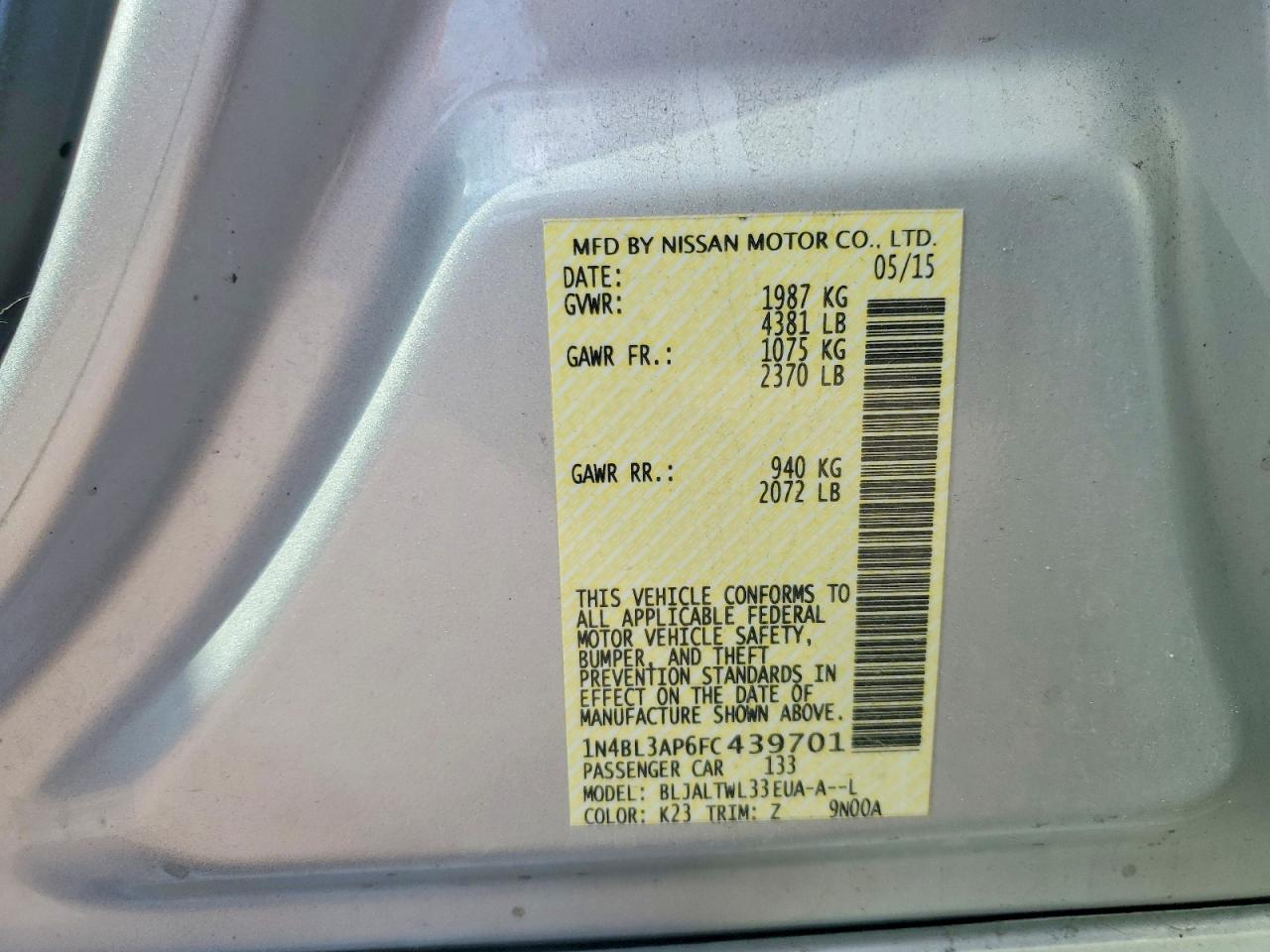 2015 Nissan Altima 3.5 Sl Silver vin: 1N4BL3AP6FC439701