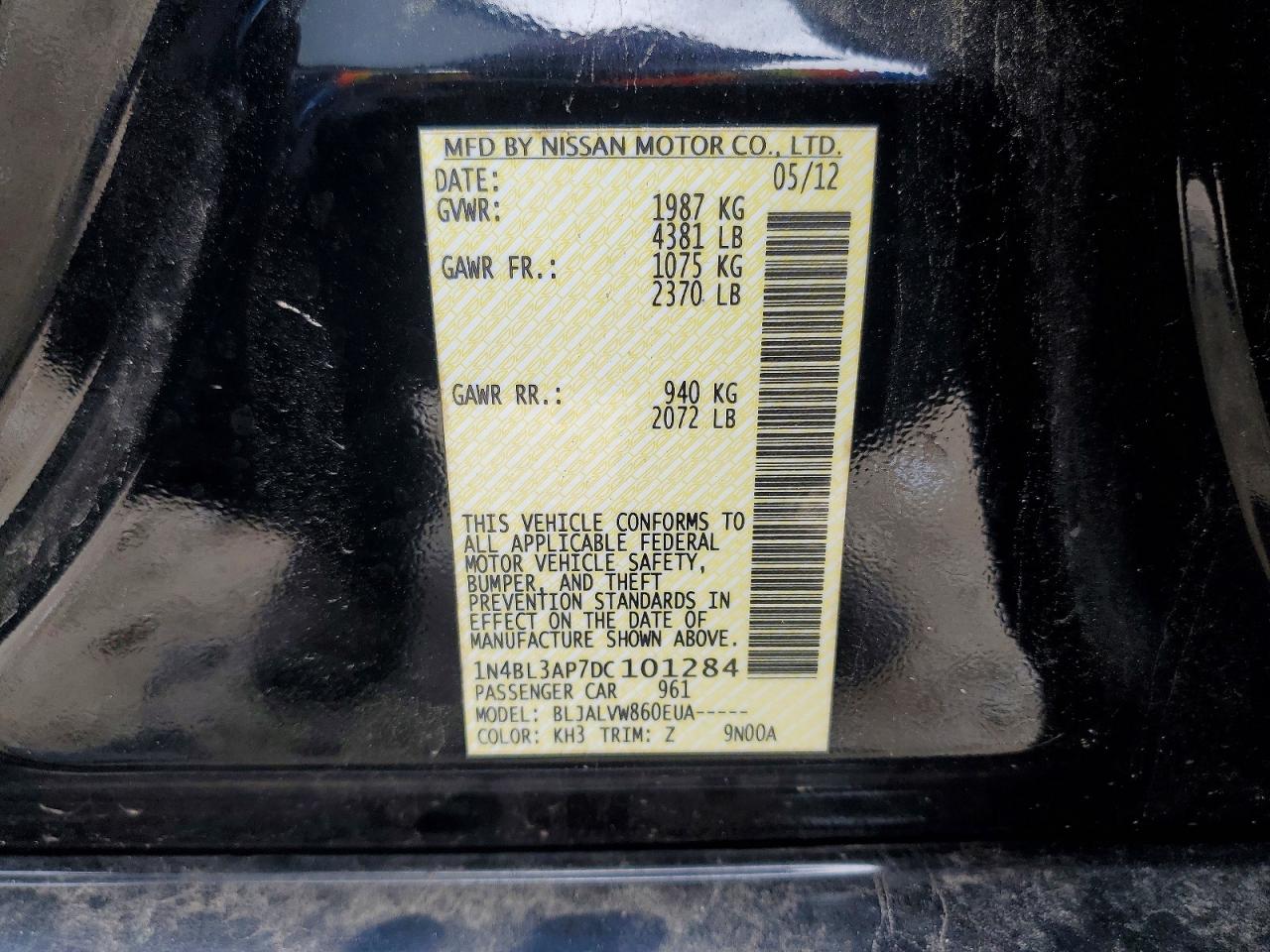 2013 Nissan Altima 3.5s/3.5sv/3.5sl Black vin: 1N4BL3AP7DC101284
