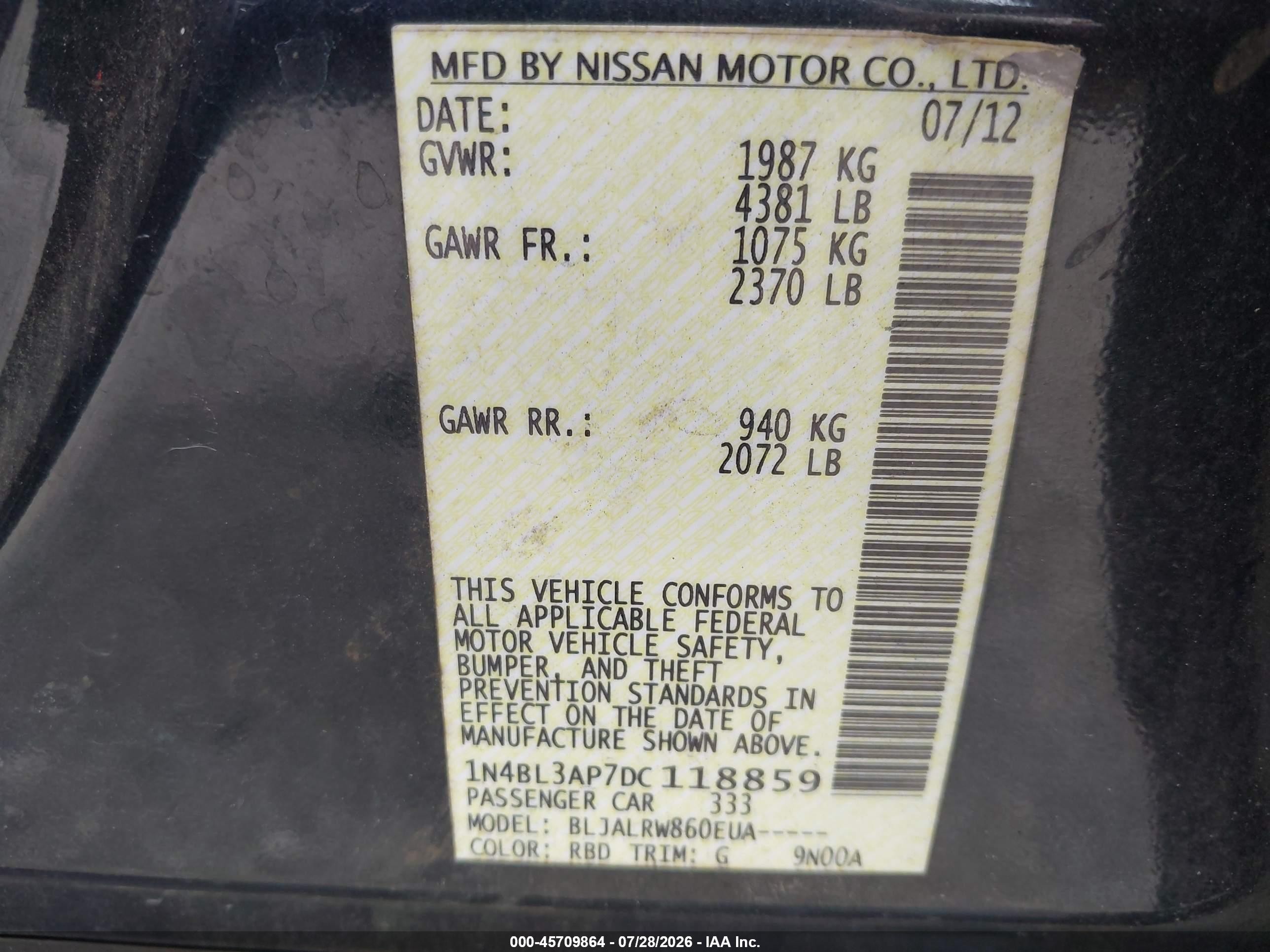 2013 Nissan Altima 3.5 S Black vin: 1N4BL3AP7DC118859