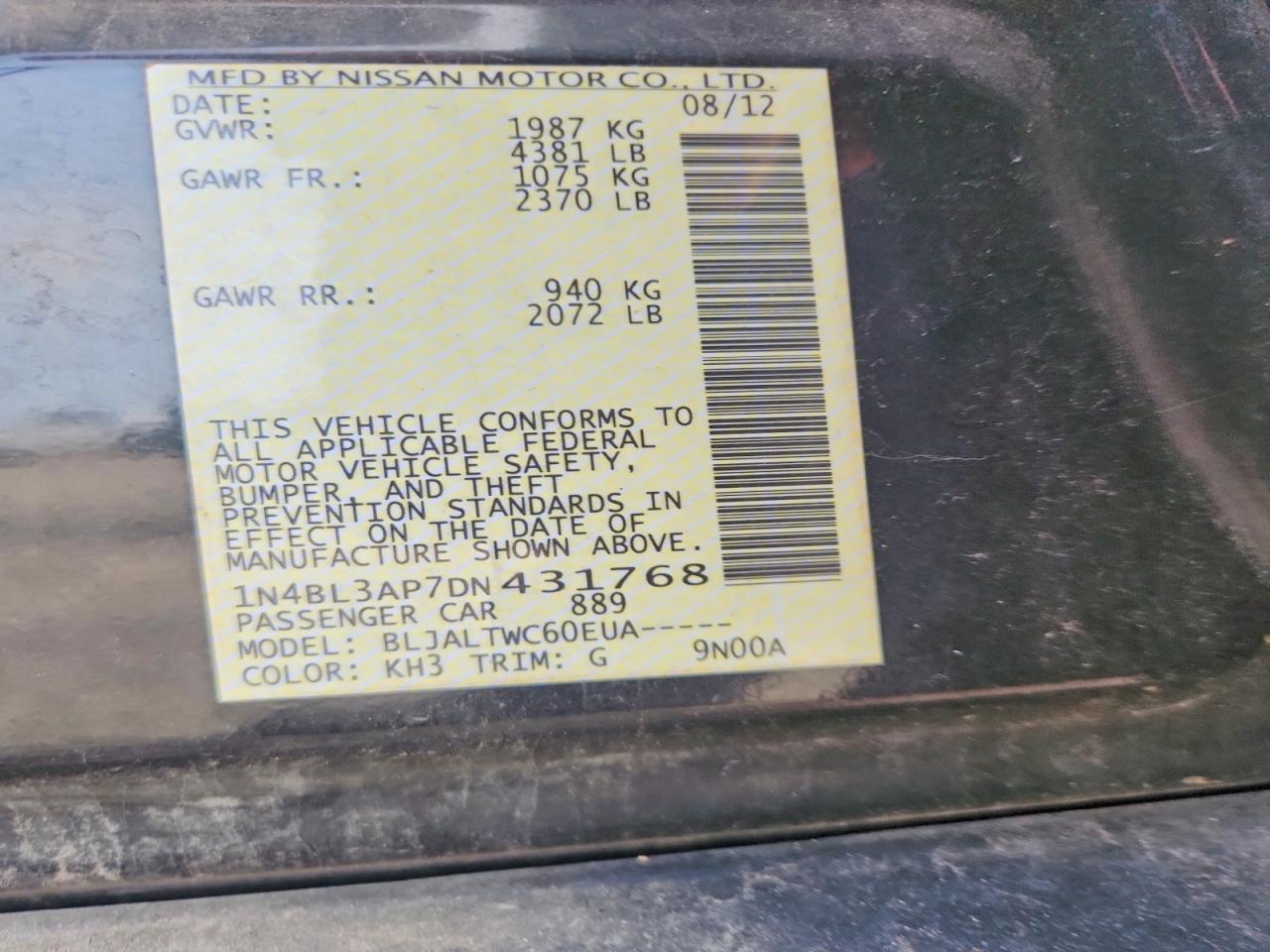 2013 Nissan Altima 3.5 S Черный vin: 1N4BL3AP7DN431768