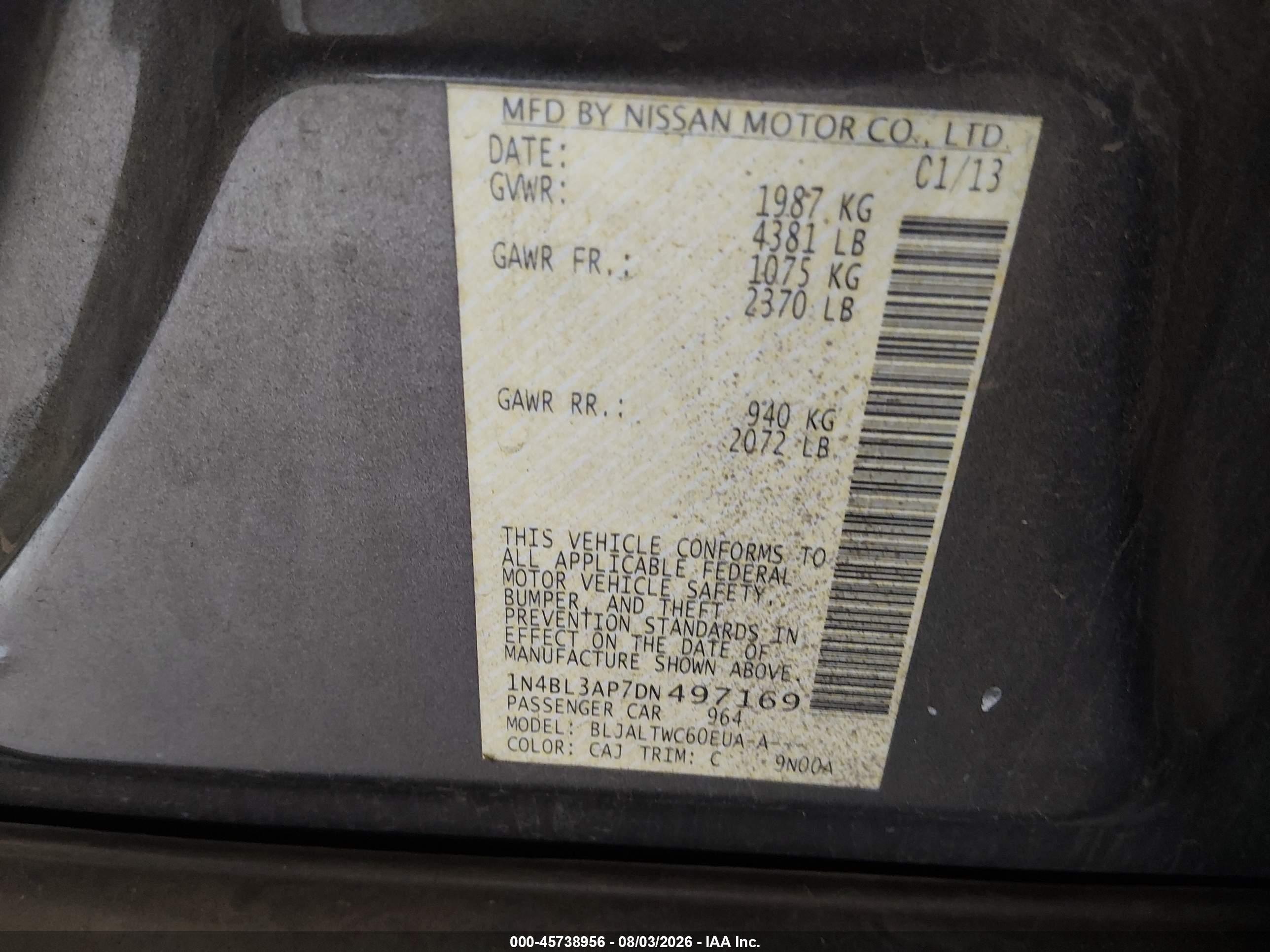 2013 Nissan Altima 3.5 Sv Gray vin: 1N4BL3AP7DN497169