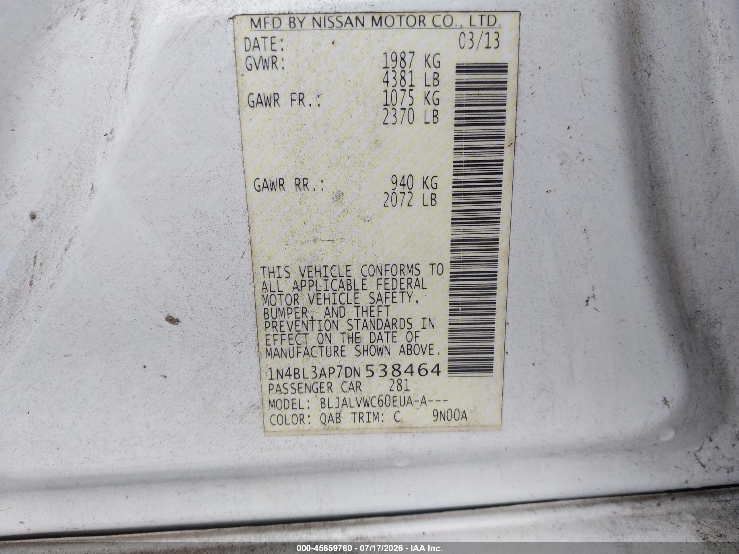 2013 Nissan Altima 3.5 Sl White vin: 1N4BL3AP7DN538464