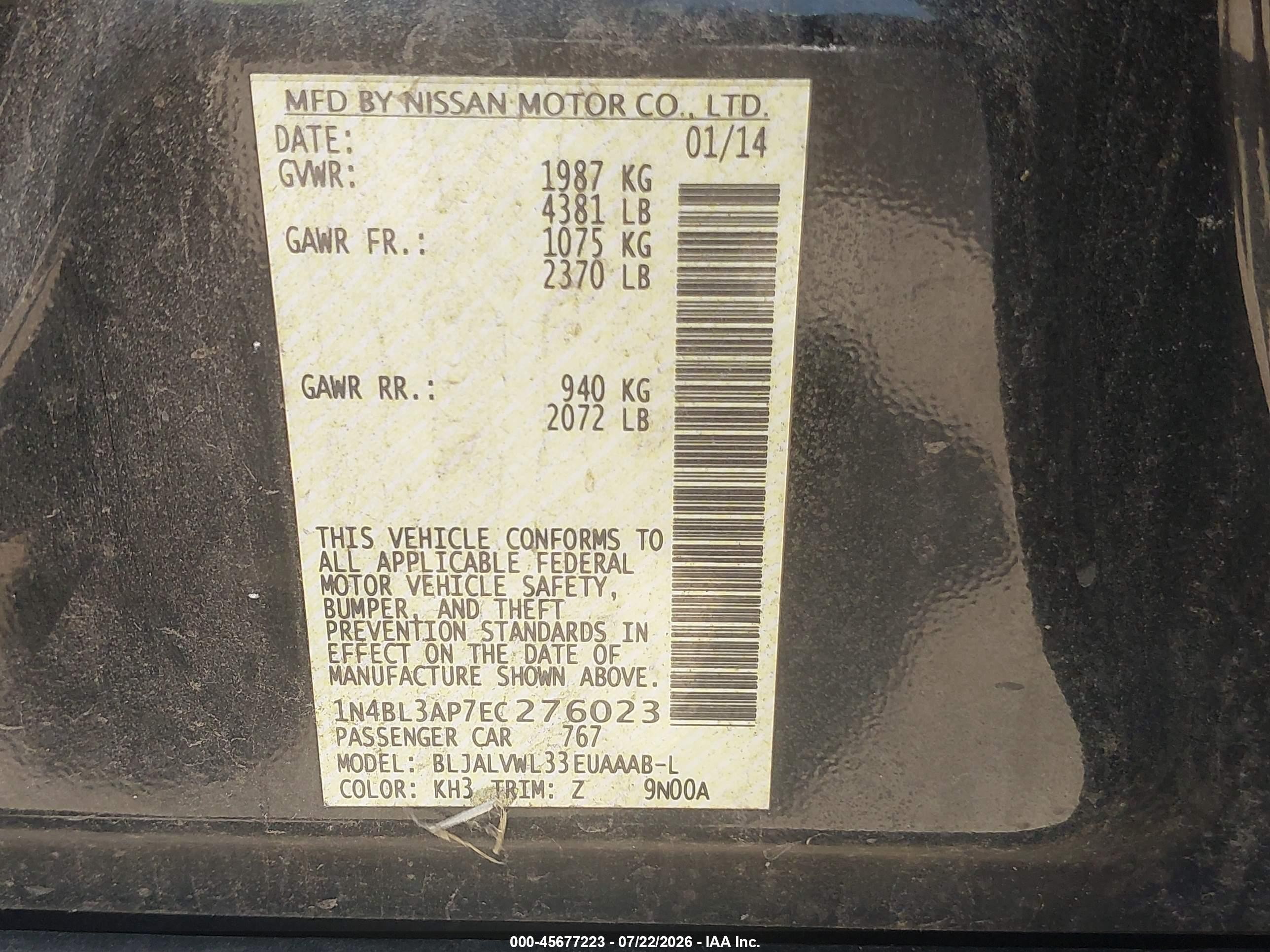 2014 Nissan Altima 3.5 Sl Black vin: 1N4BL3AP7EC276023
