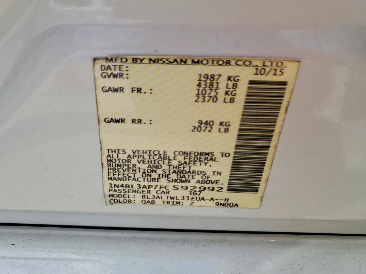 2015 Nissan Altima 3.5 Sl White vin: 1N4BL3AP7FC592992