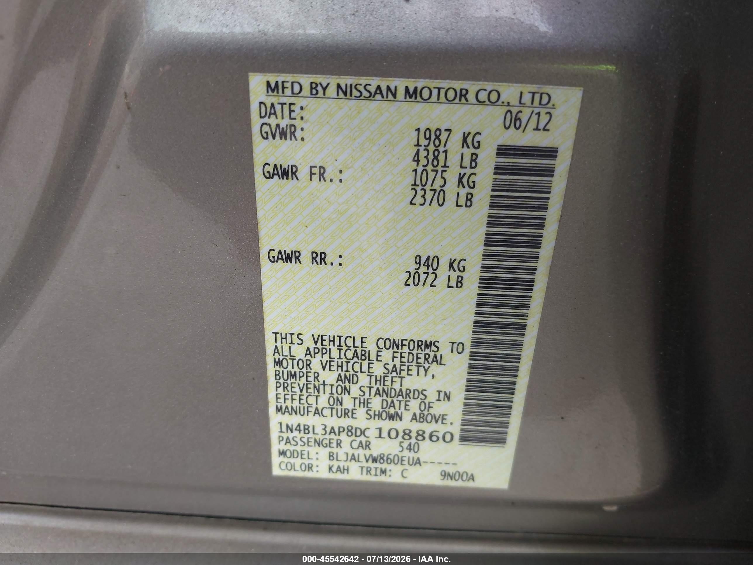 2013 Nissan Altima 3.5 Sl Champagne vin: 1N4BL3AP8DC108860