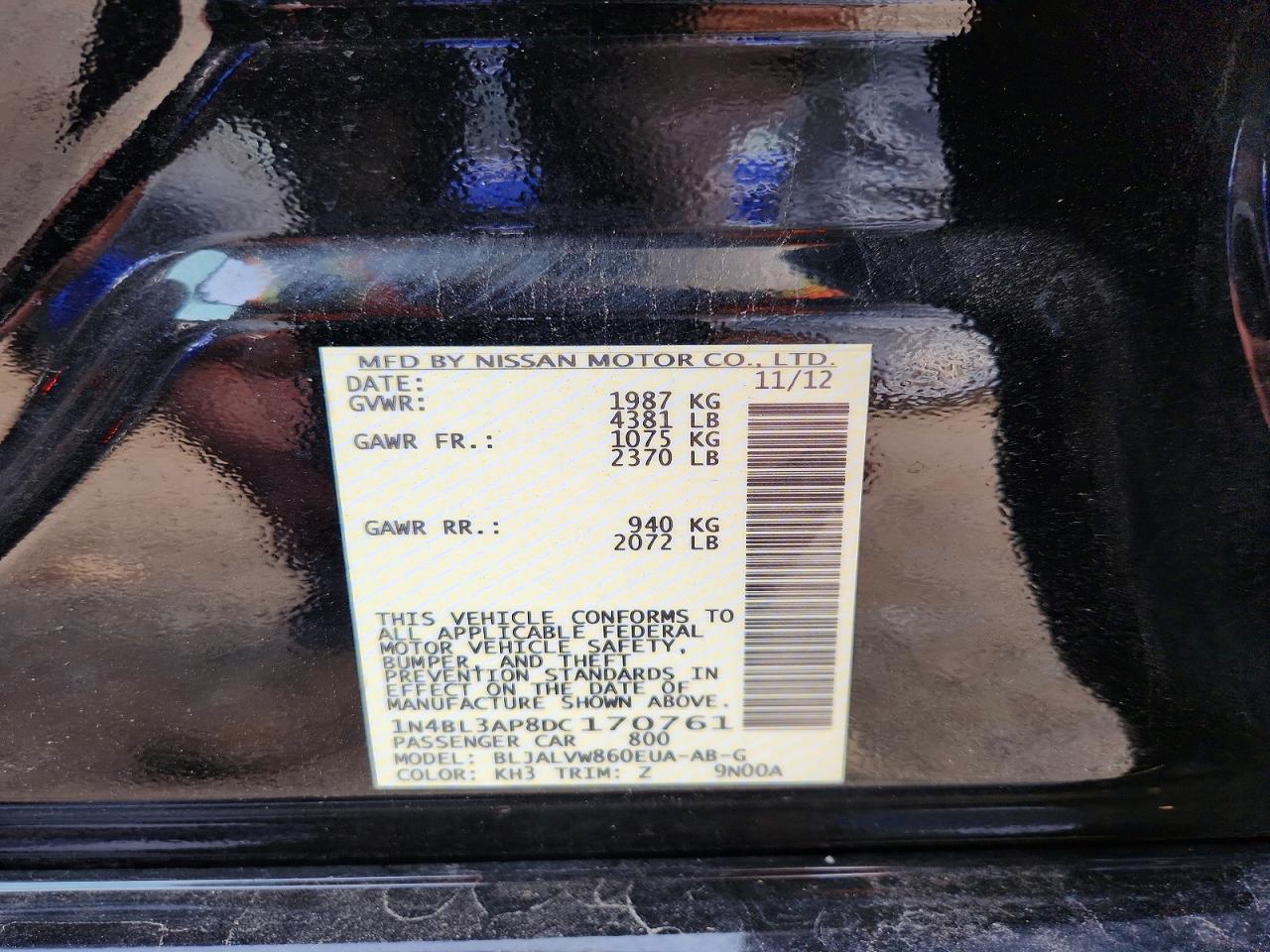 2013 Nissan Altima 3.5 S Black vin: 1N4BL3AP8DC170761