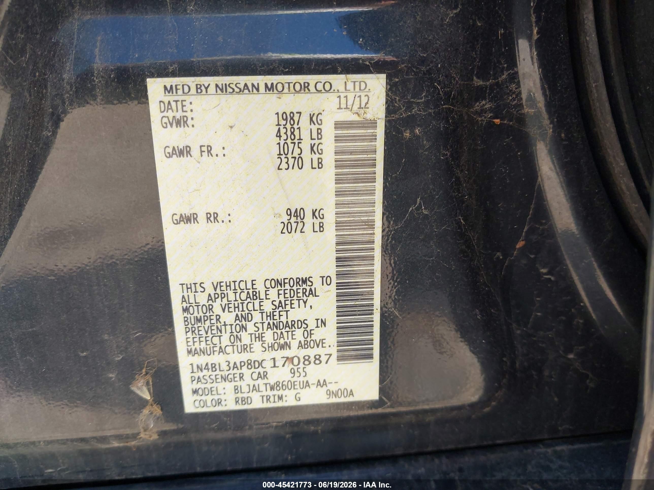 2013 Nissan Altima 3.5 Sv Gray vin: 1N4BL3AP8DC170887