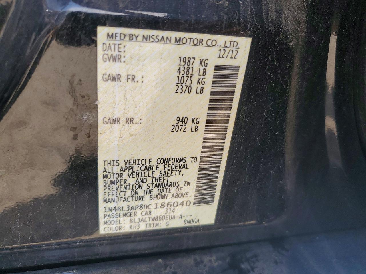 2013 Nissan Altima 3.5 S Черный vin: 1N4BL3AP8DC186040