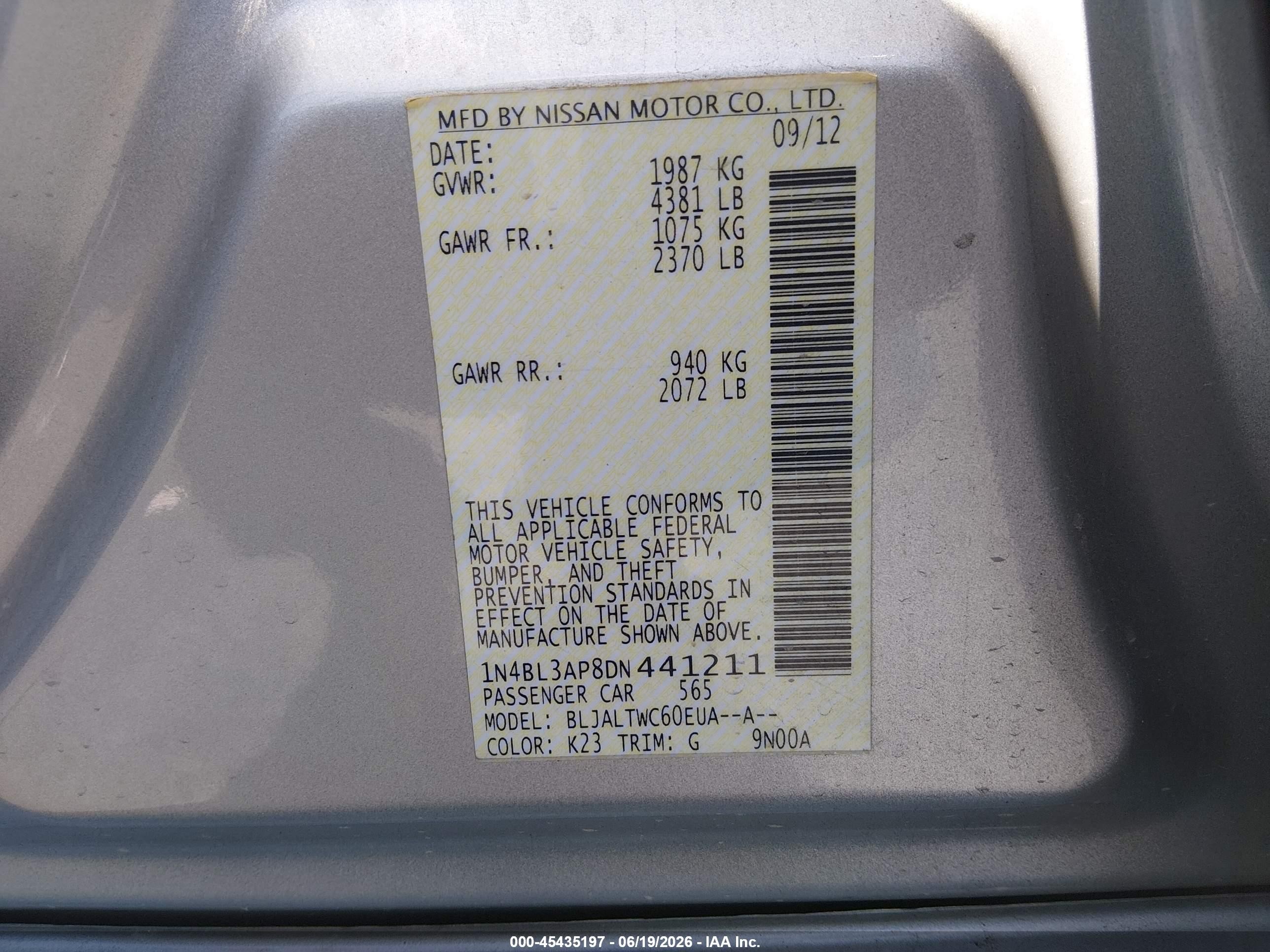 2013 Nissan Altima 3.5 Sv Gray vin: 1N4BL3AP8DN441211