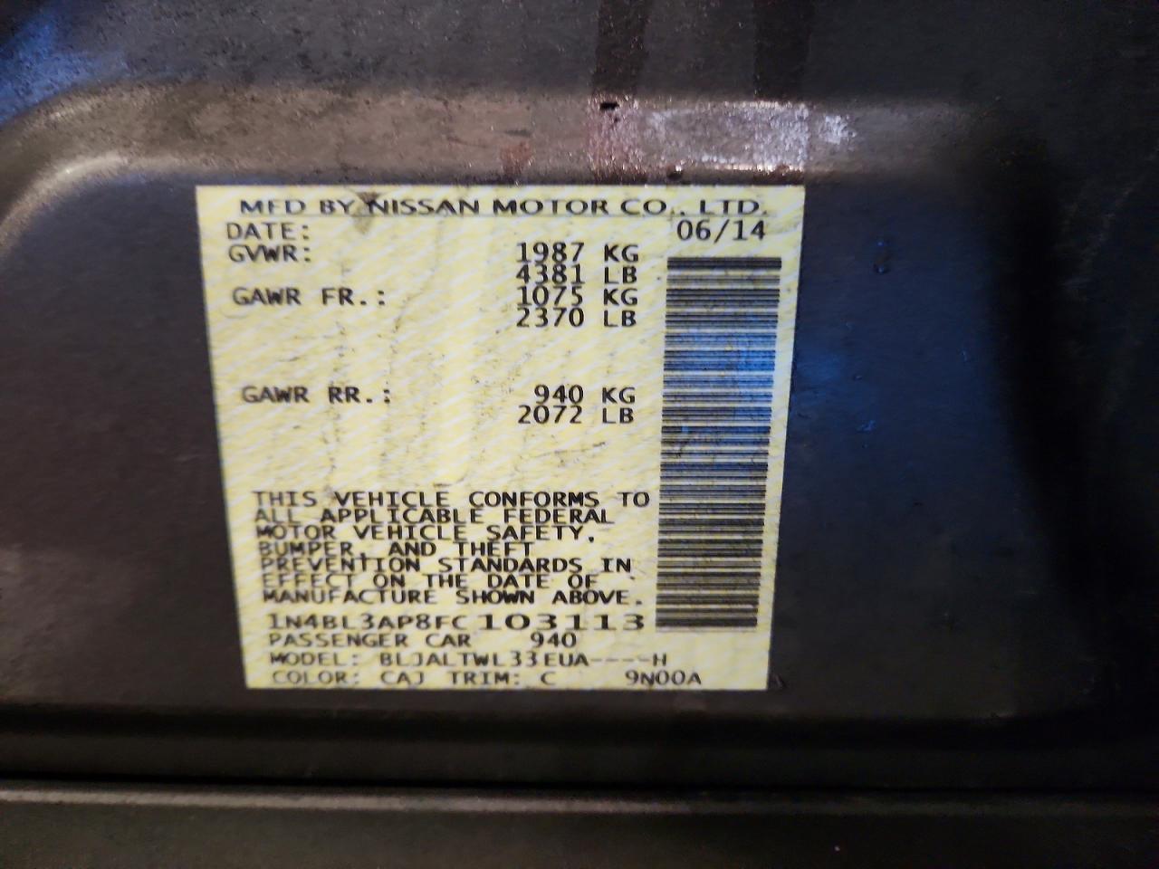 2015 Nissan Altima 3.5 Sl Charcoal vin: 1N4BL3AP8FC103113