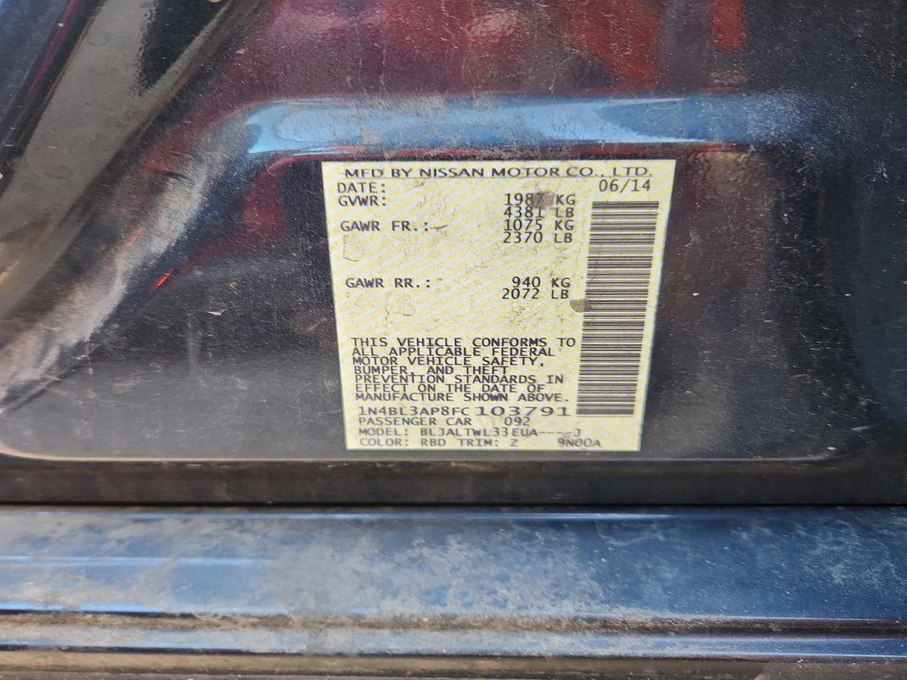 2015 Nissan Altima 3.5 S Charcoal vin: 1N4BL3AP8FC103791