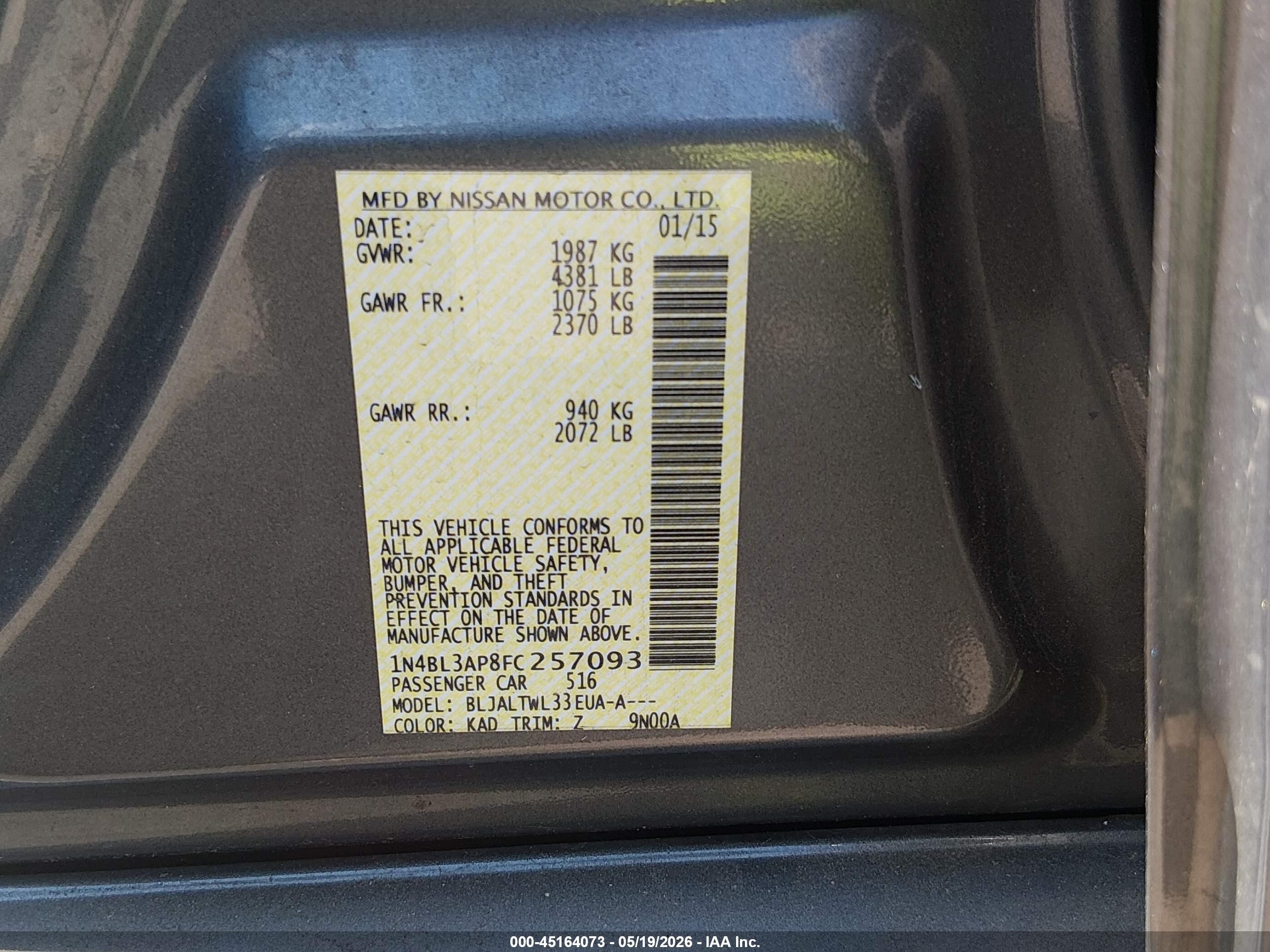 2015 Nissan Altima 3.5 S/3.5 Sl/3.5 Sv Gray vin: 1N4BL3AP8FC257093