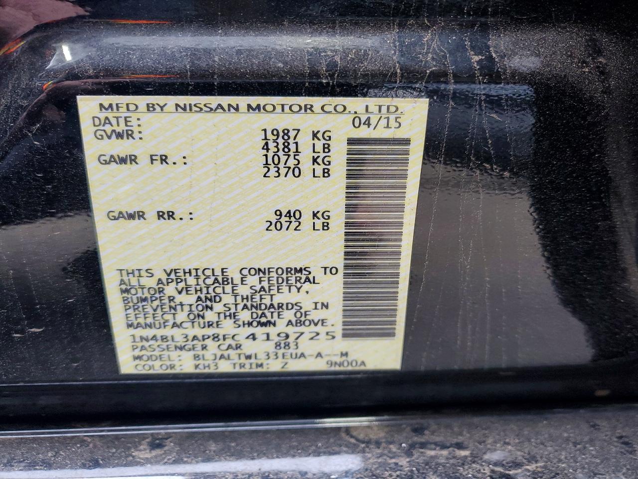 2015 Nissan Altima 3.5 Sl Black vin: 1N4BL3AP8FC419725