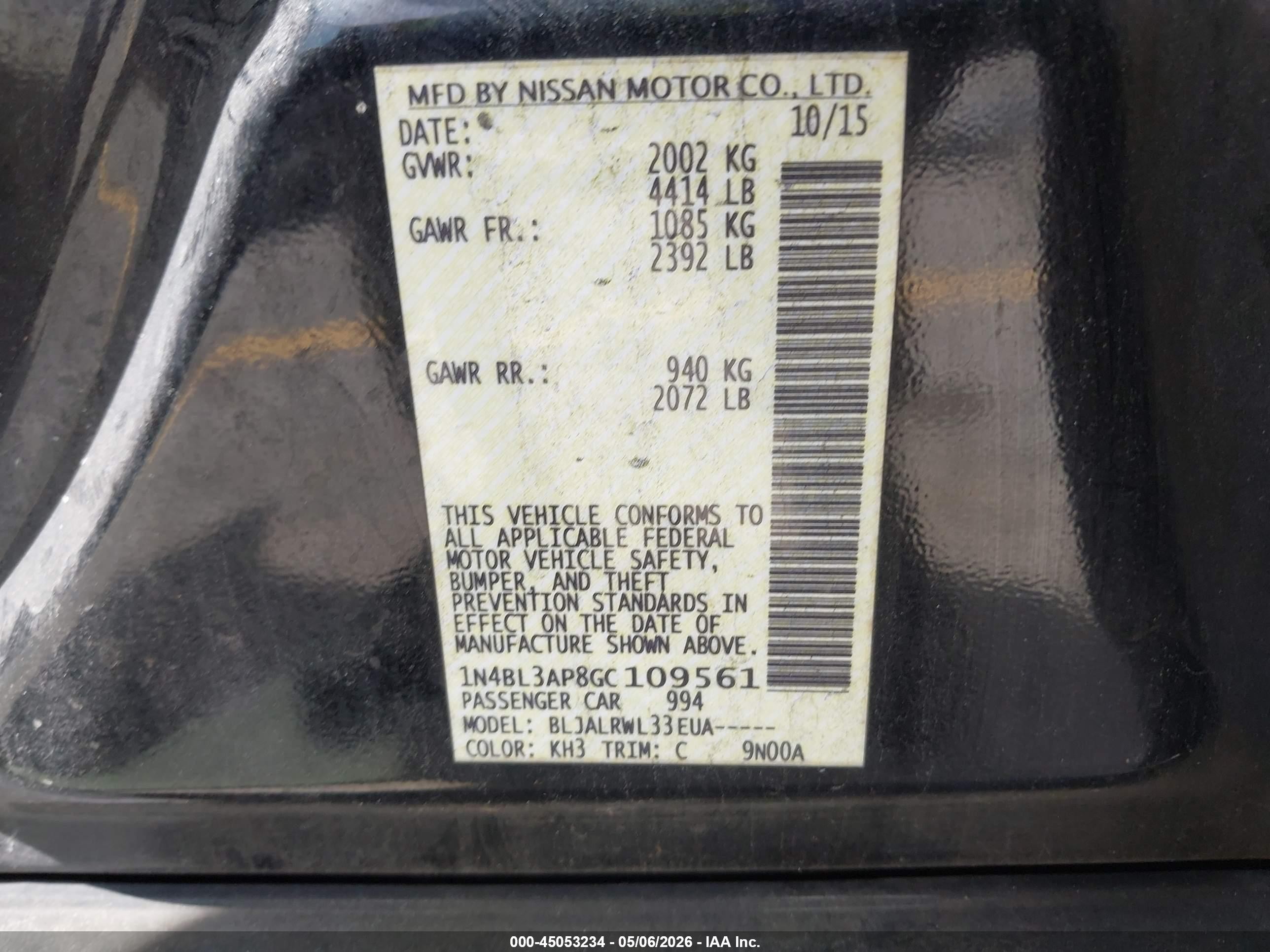 2016 Nissan Altima 3.5 Sl/3.5 Sr Черный vin: 1N4BL3AP8GC109561