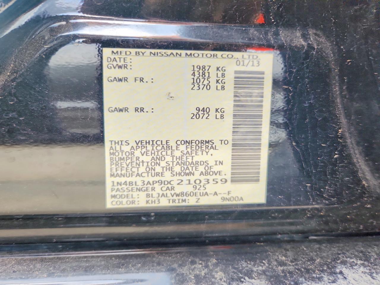 2013 Nissan Altima 3.5 S Black vin: 1N4BL3AP9DC210359