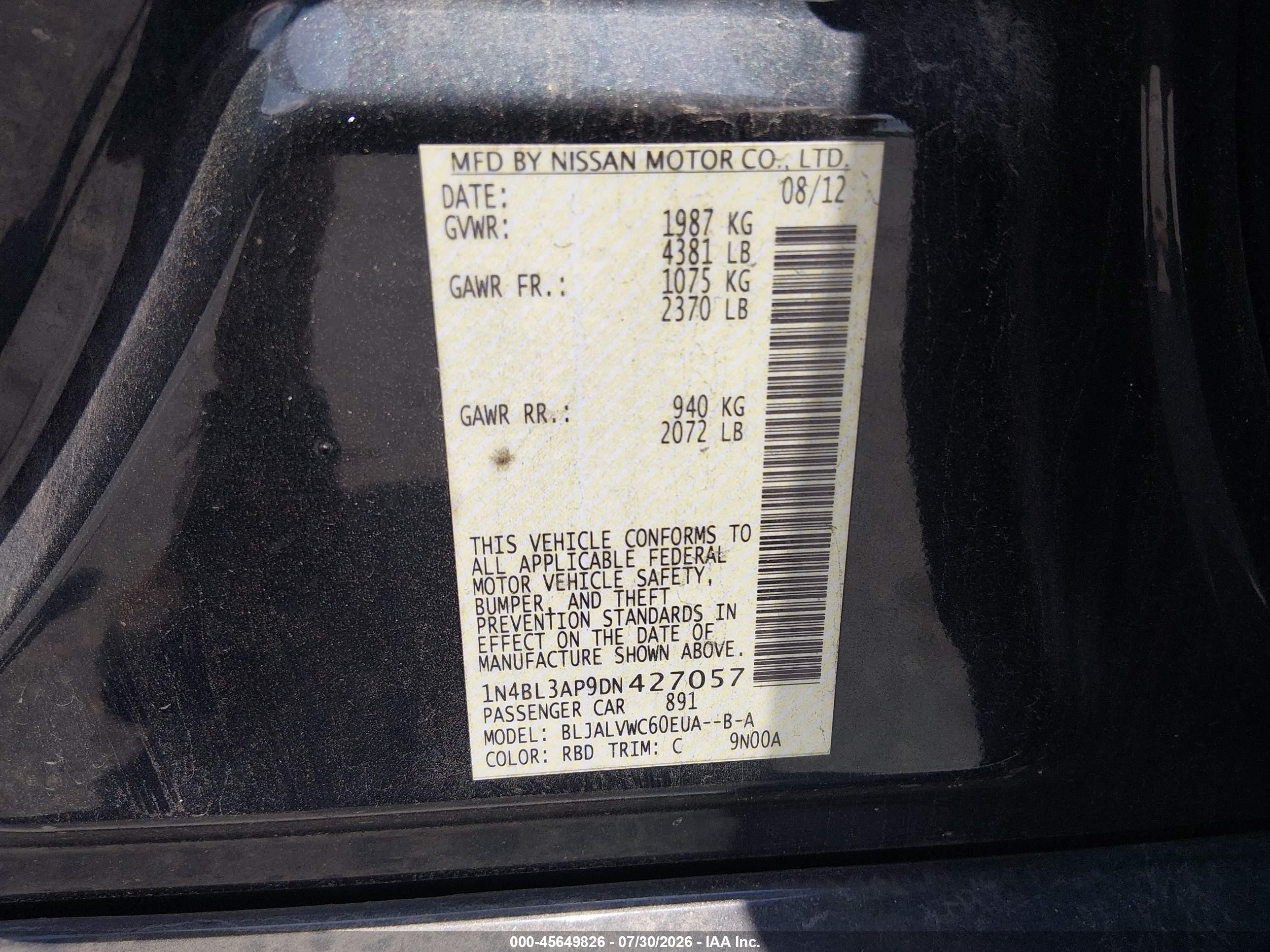 2013 Nissan Altima 3.5 Sl Blue vin: 1N4BL3AP9DN427057
