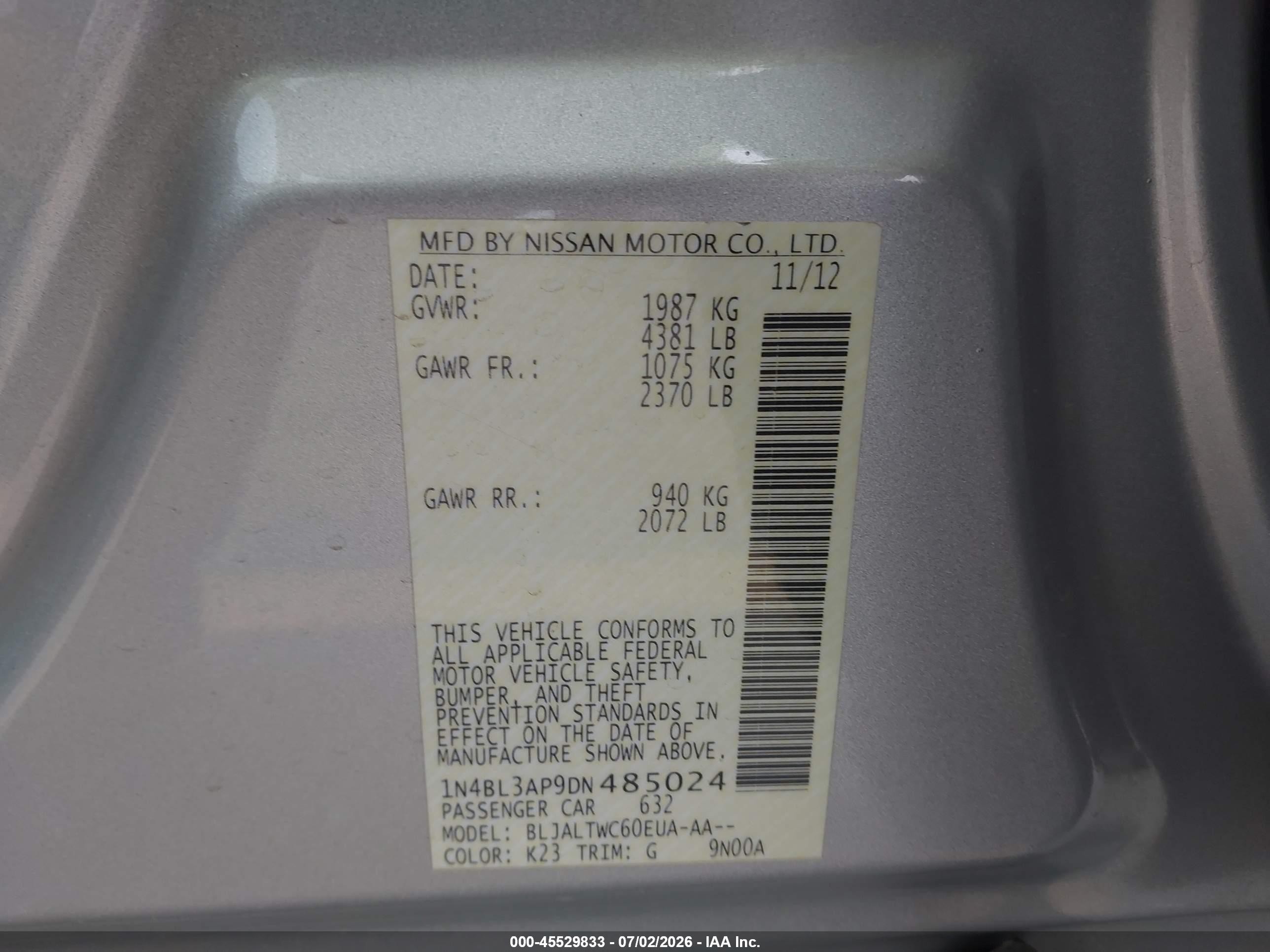 2013 Nissan Altima 3.5 Sv Серебряный vin: 1N4BL3AP9DN485024