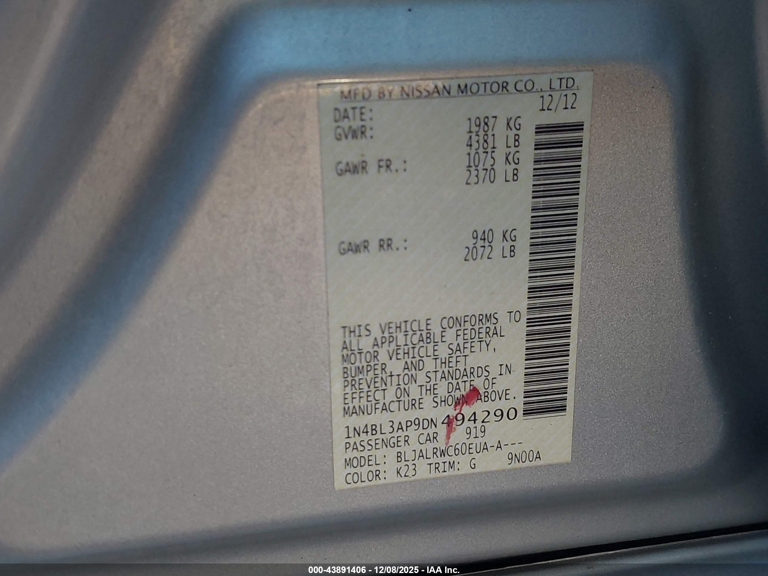 2013 Nissan Altima 3.5 S Silver vin: 1N4BL3AP9DN494290