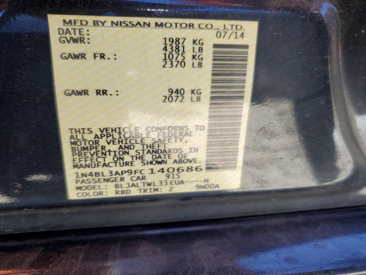 2015 Nissan Altima 3.5 Sl Угольный vin: 1N4BL3AP9FC140686