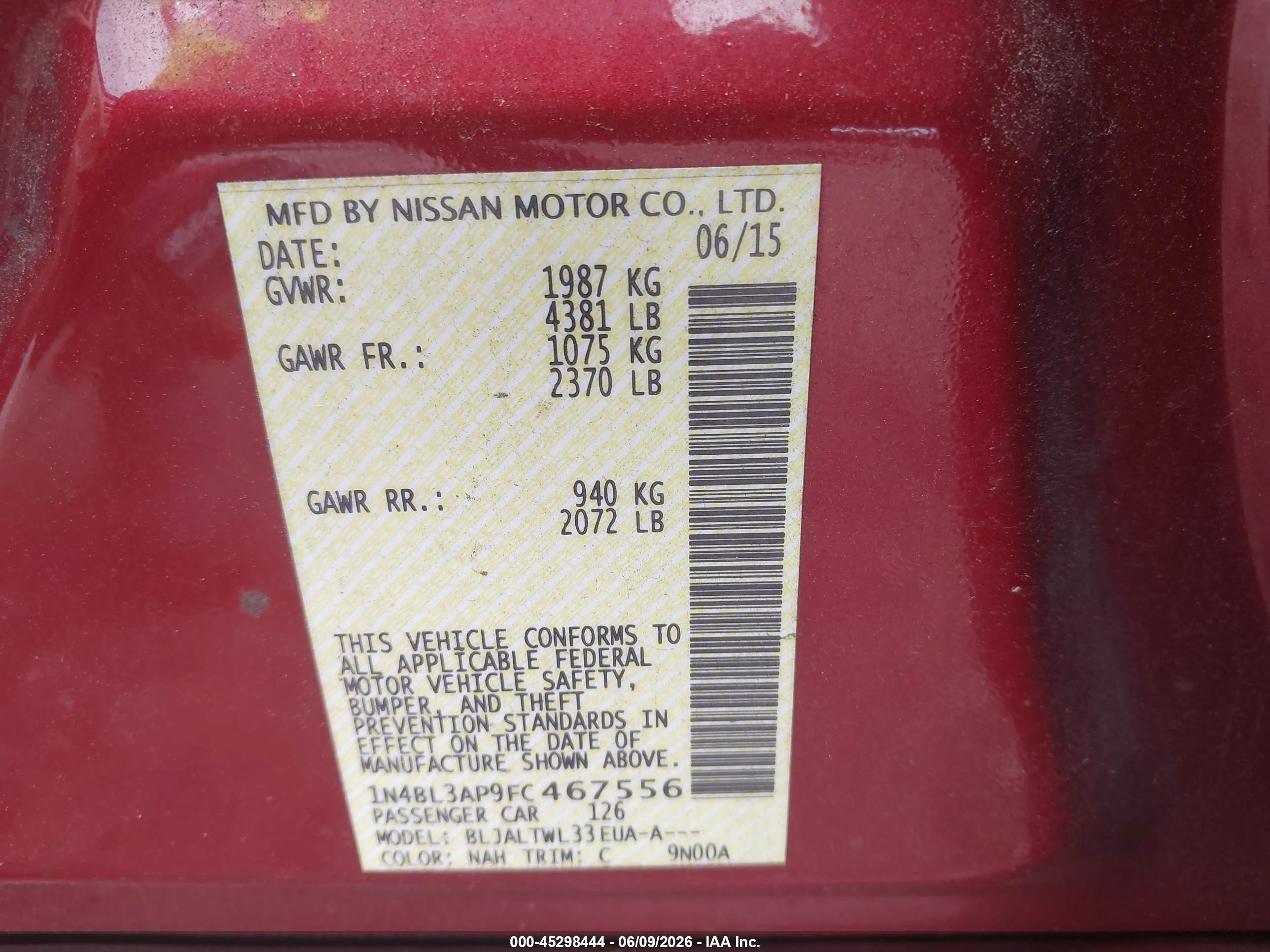 2015 Nissan Altima 3.5 S/3.5 Sl/3.5 Sv Красный vin: 1N4BL3AP9FC467556