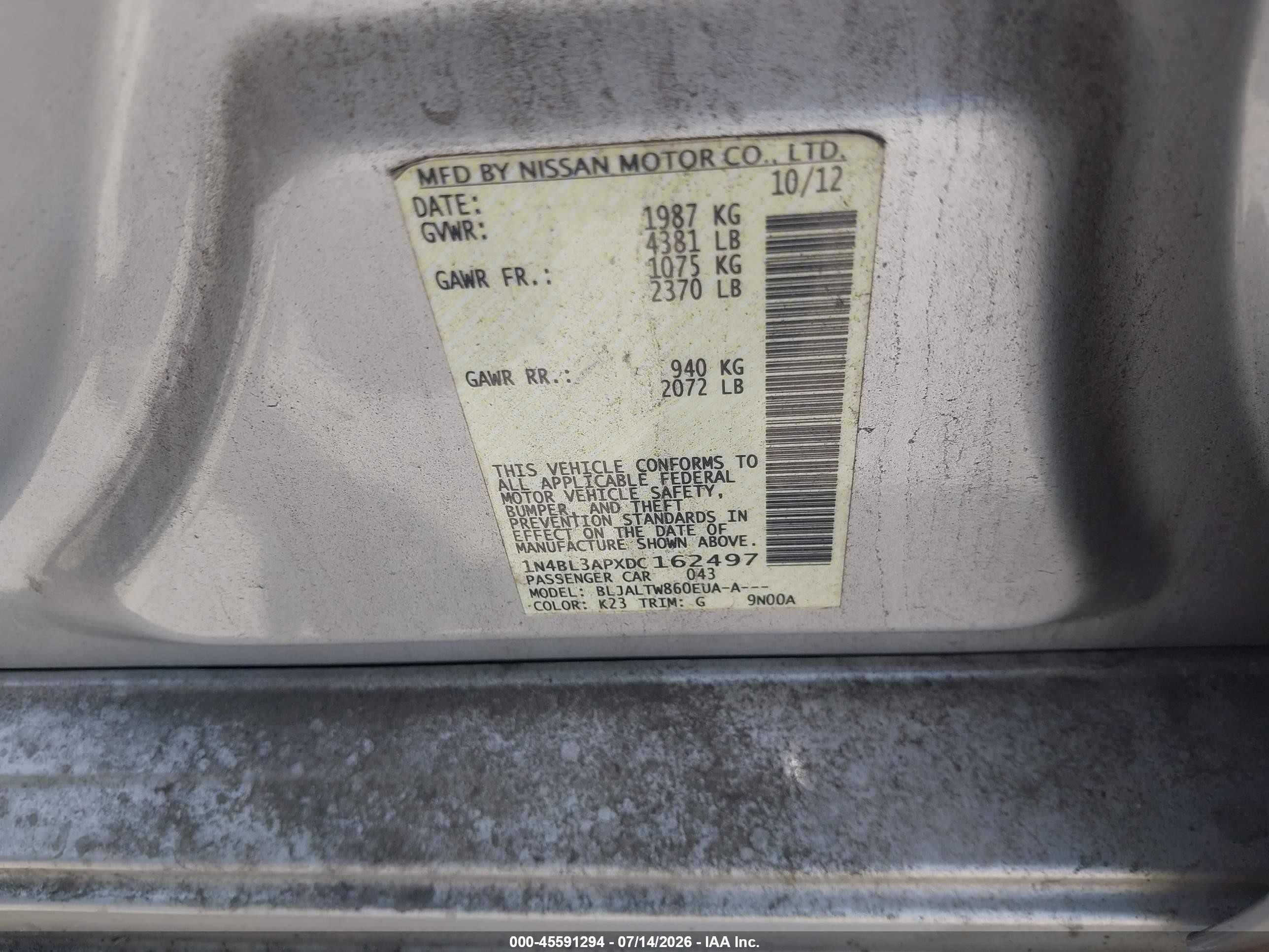 2013 Nissan Altima 3.5 Sv Silver vin: 1N4BL3APXDC162497
