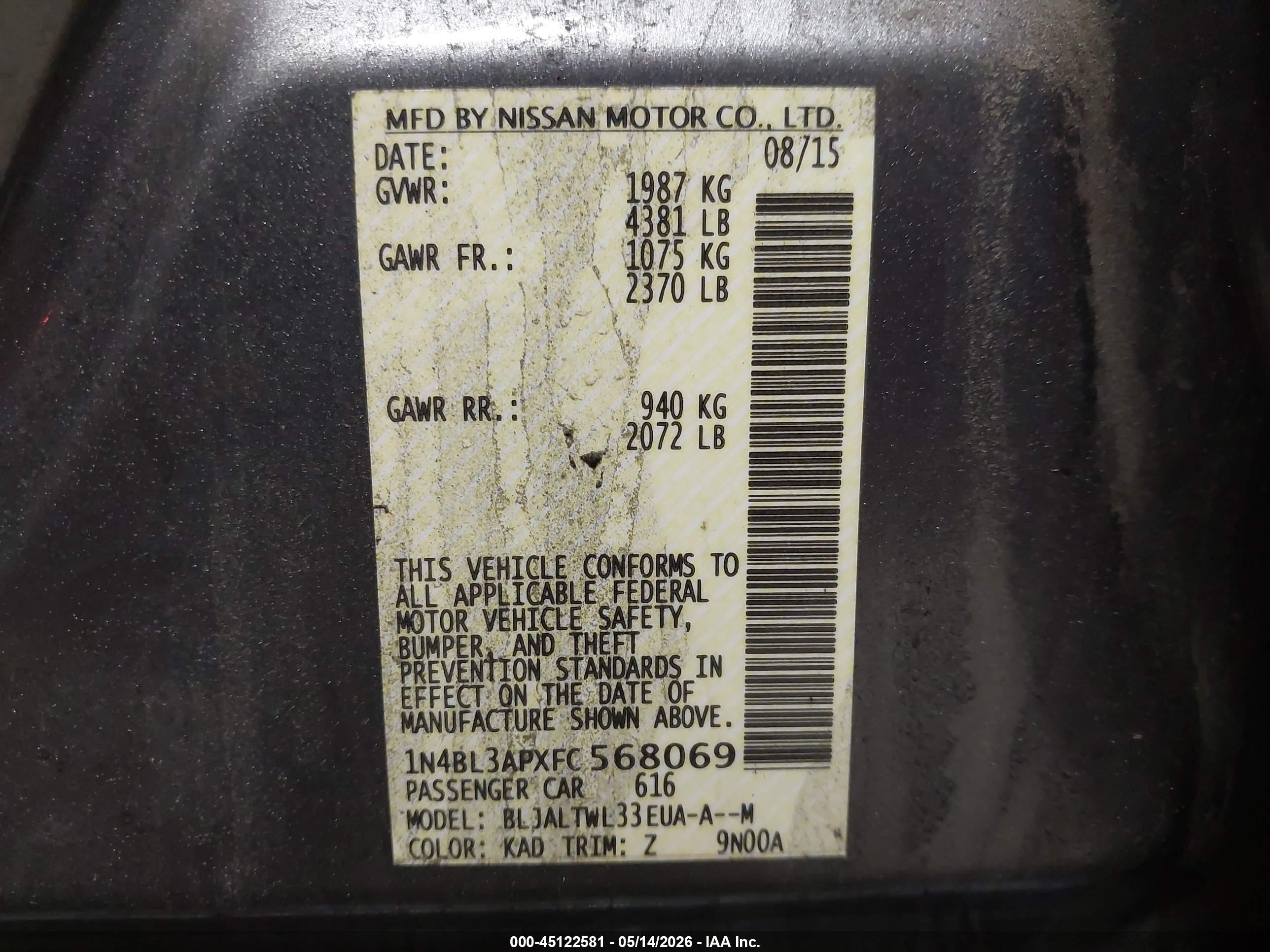 2015 Nissan Altima 3.5 Sl Gray vin: 1N4BL3APXFC568069