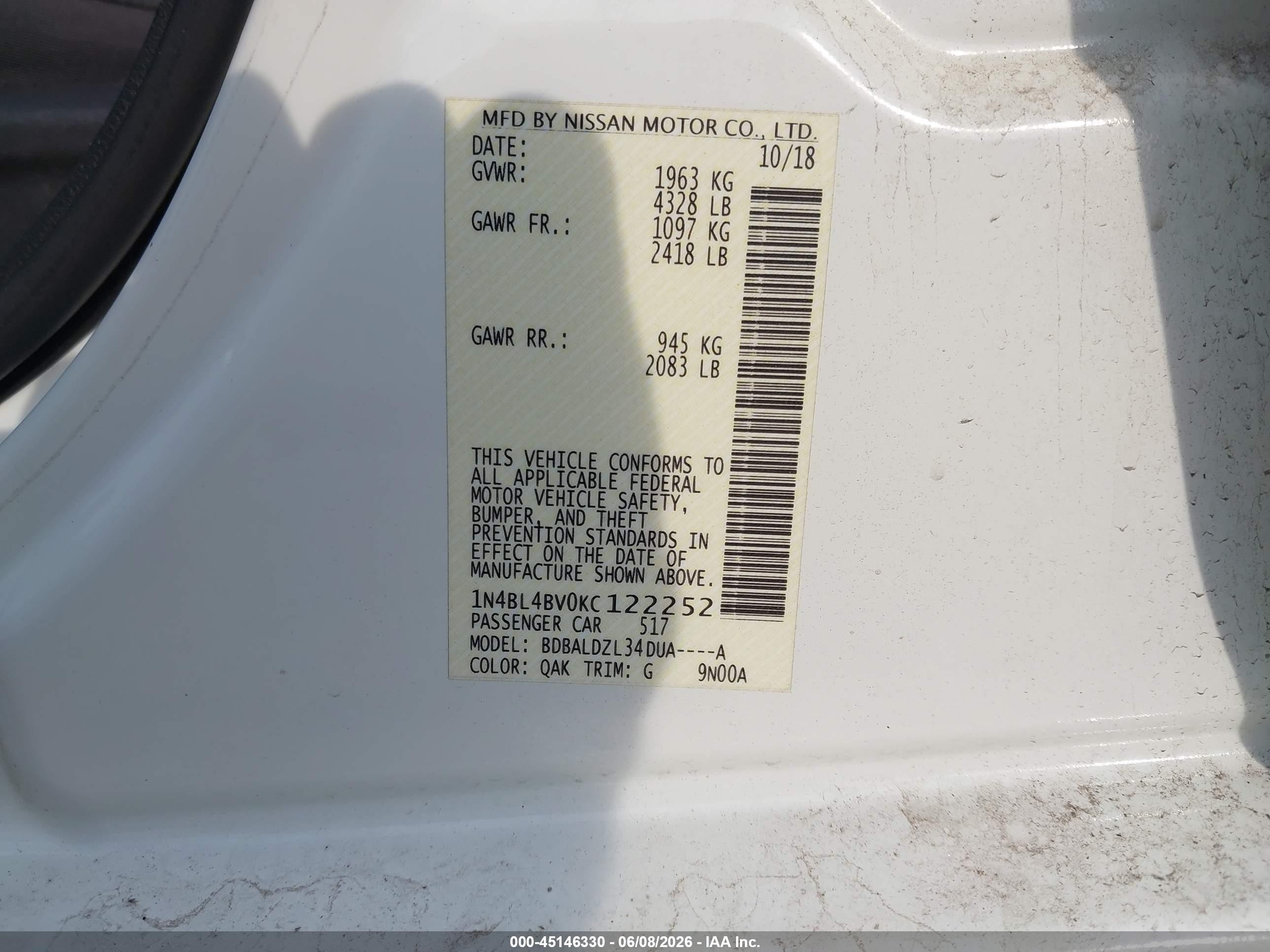 2019 Nissan Altima 2.5 S White vin: 1N4BL4BV0KC122252