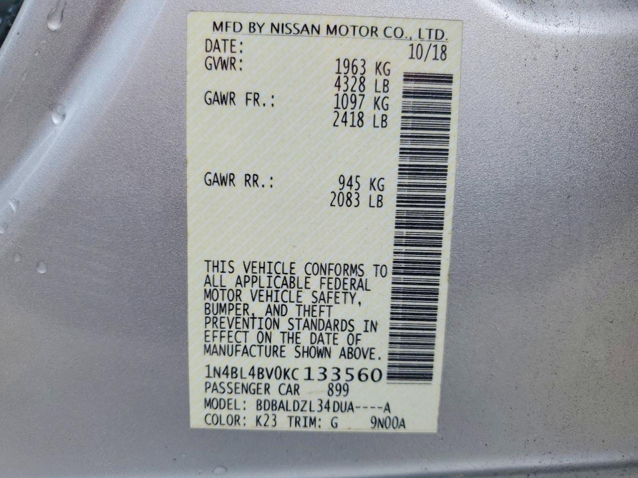 2019 Nissan Altima S Silver vin: 1N4BL4BV0KC133560