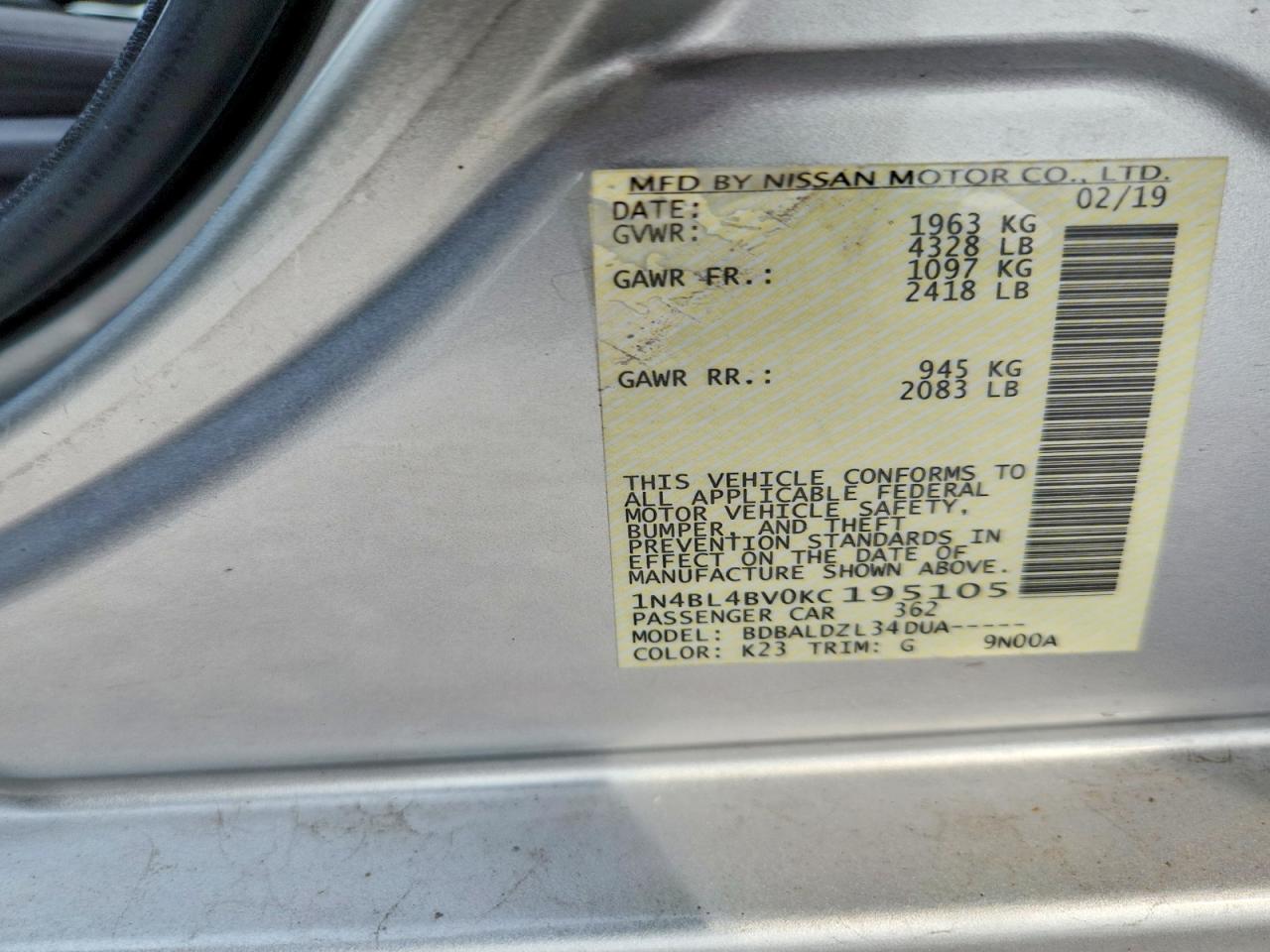 2019 Nissan Altima S Серебряный vin: 1N4BL4BV0KC195105