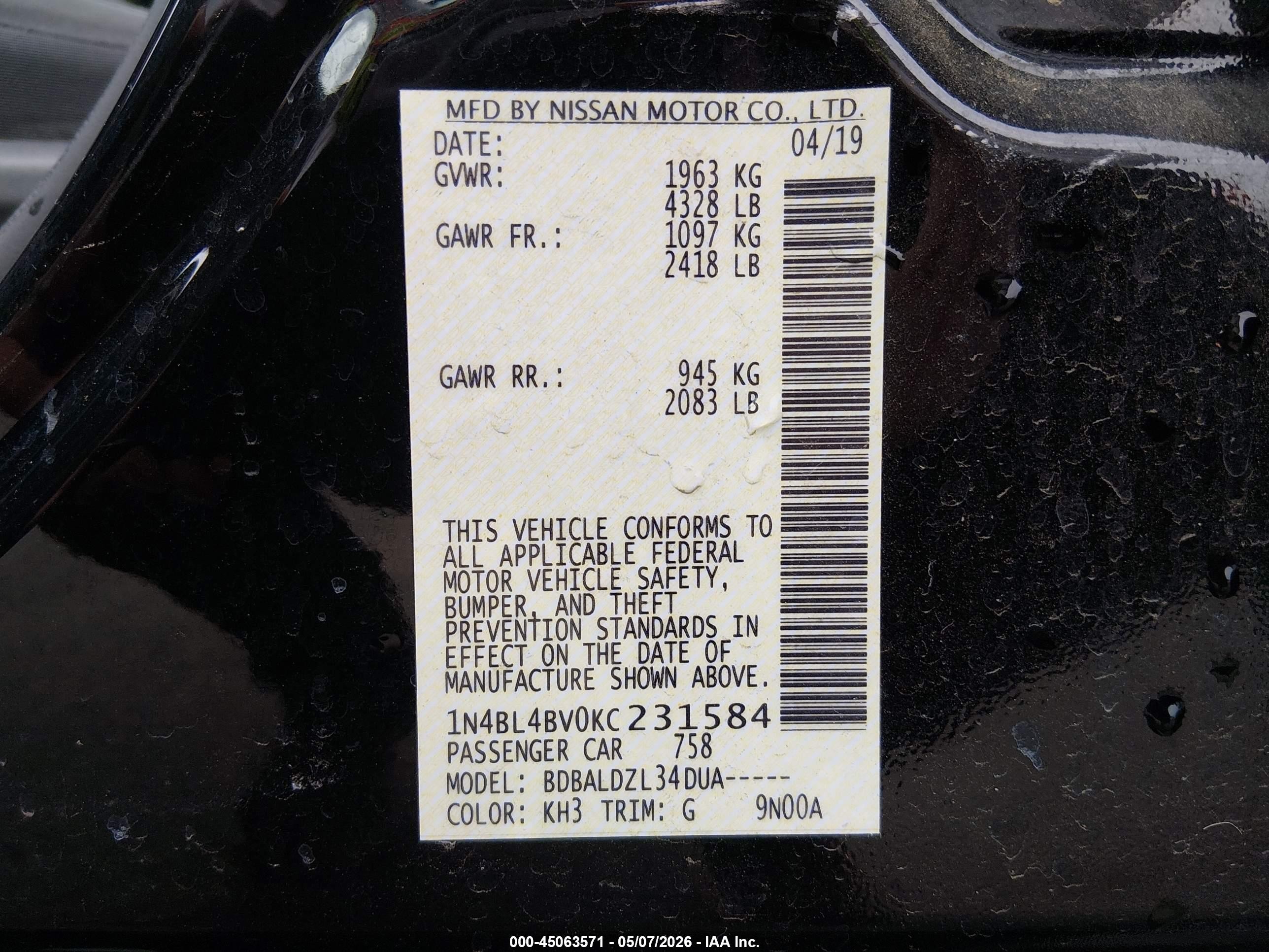 2019 Nissan Altima 2.5 S Черный vin: 1N4BL4BV0KC231584