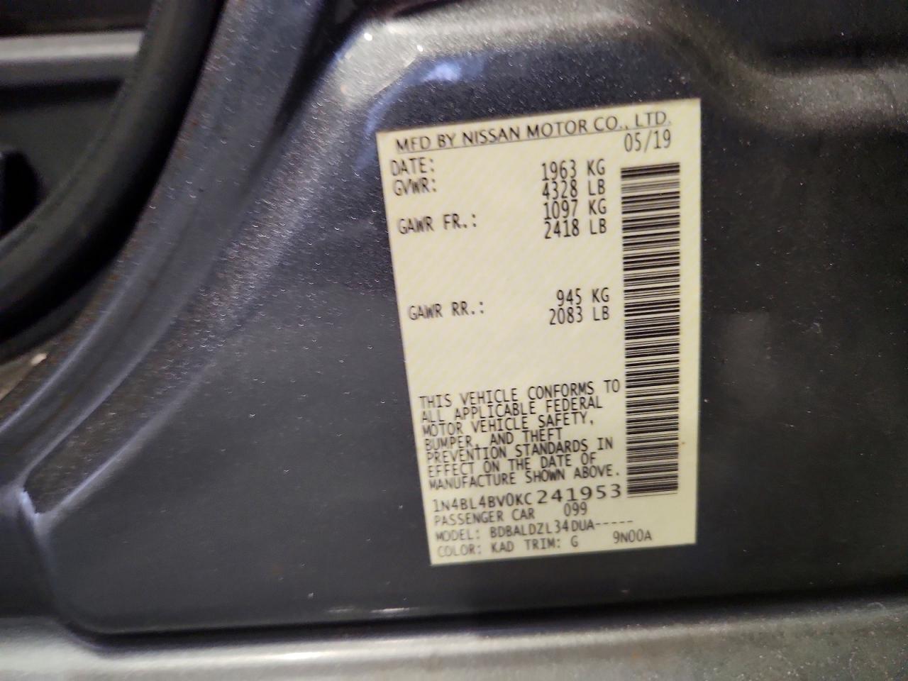 2019 Nissan Altima S Gray vin: 1N4BL4BV0KC241953