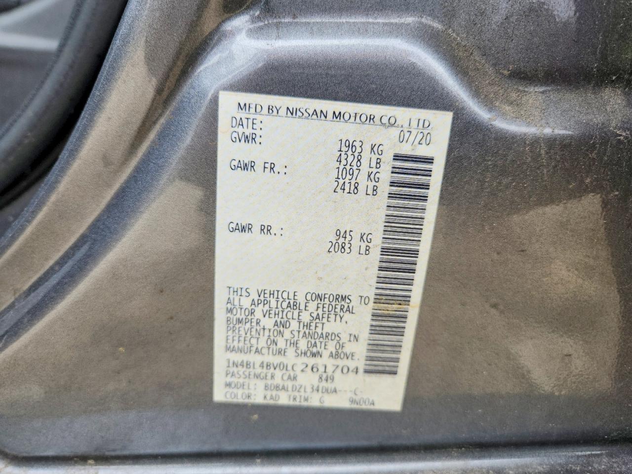 2020 Nissan Altima S Gray vin: 1N4BL4BV0LC261704