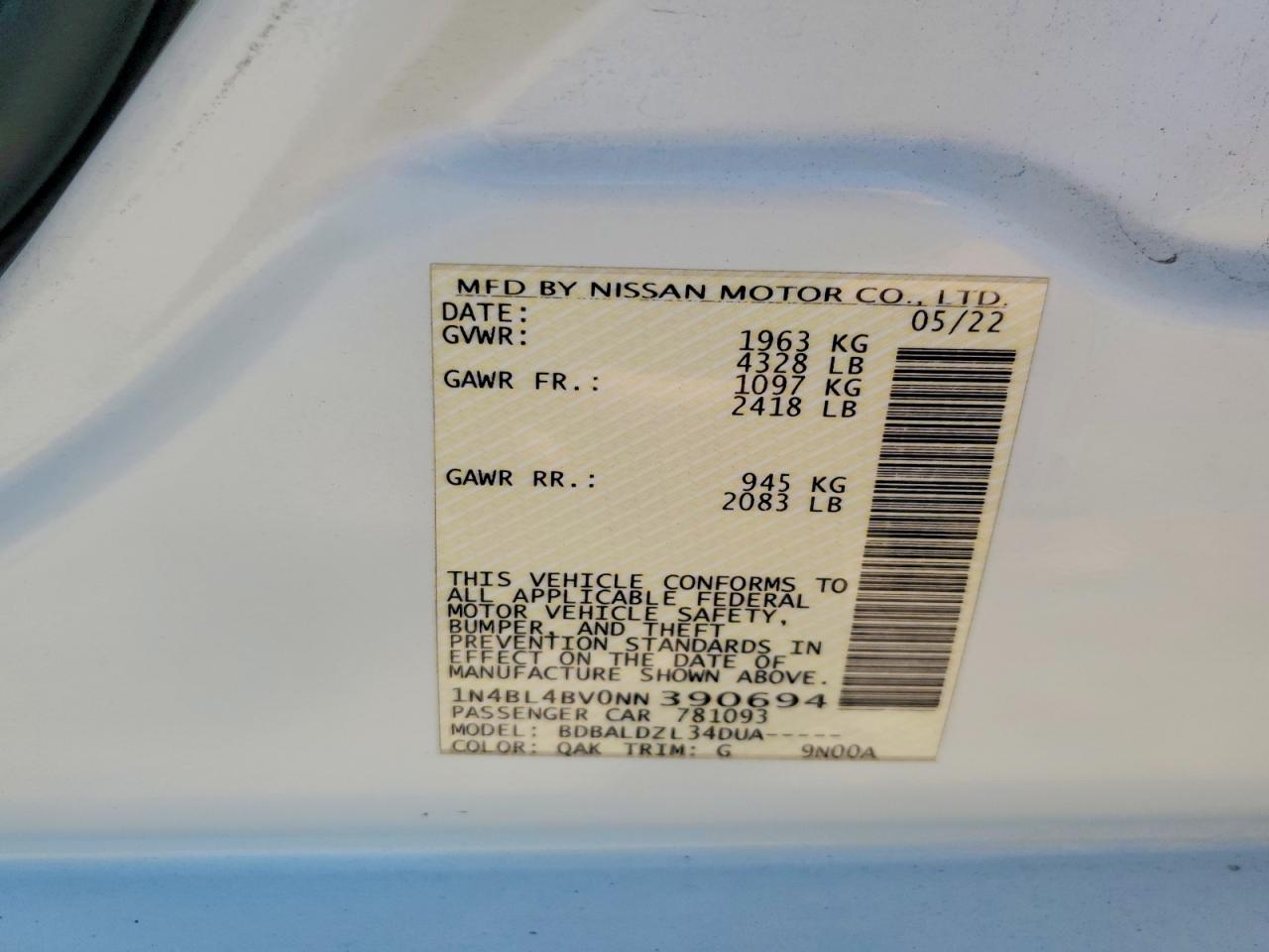 2022 Nissan Altima S White vin: 1N4BL4BV0NN390694