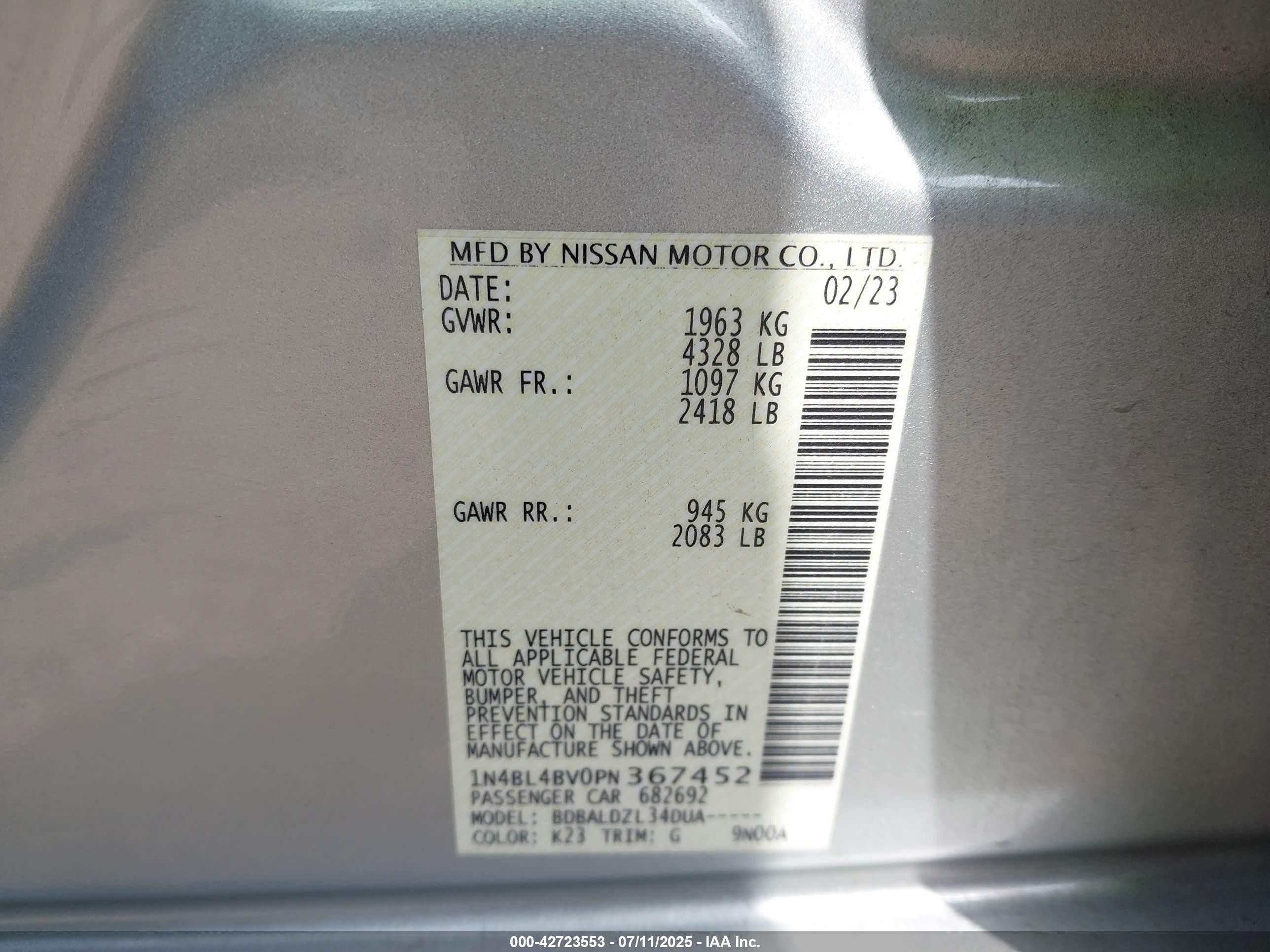 2023 Nissan Altima S Fwd Silver vin: 1N4BL4BV0PN367452